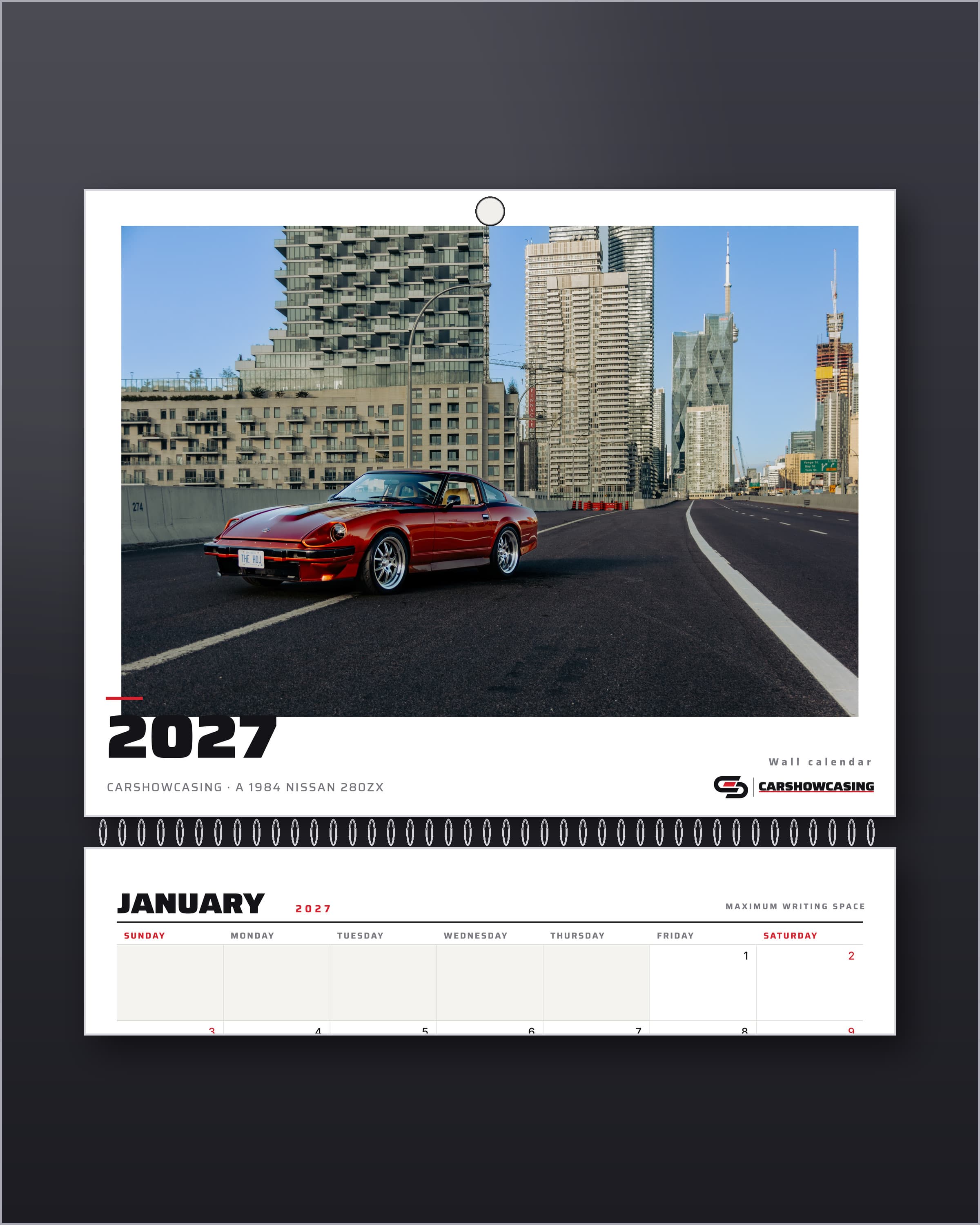 2027 Nissan 280ZX wall calendar cover with the January grid below the wire binding