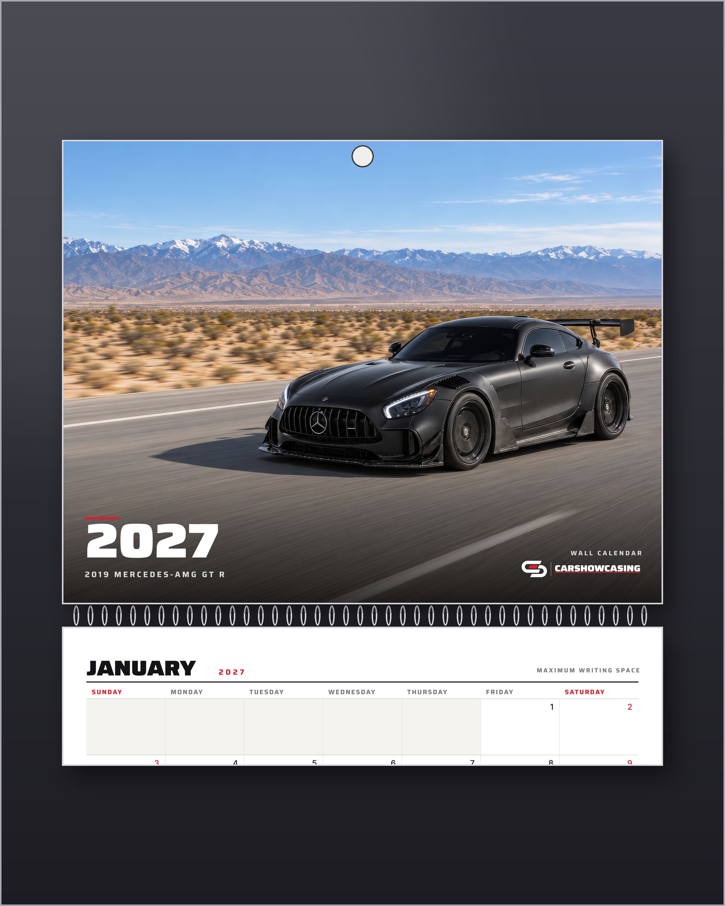 2027 Mercedes-AMG GT R wall calendar cover with the January grid below the wire binding