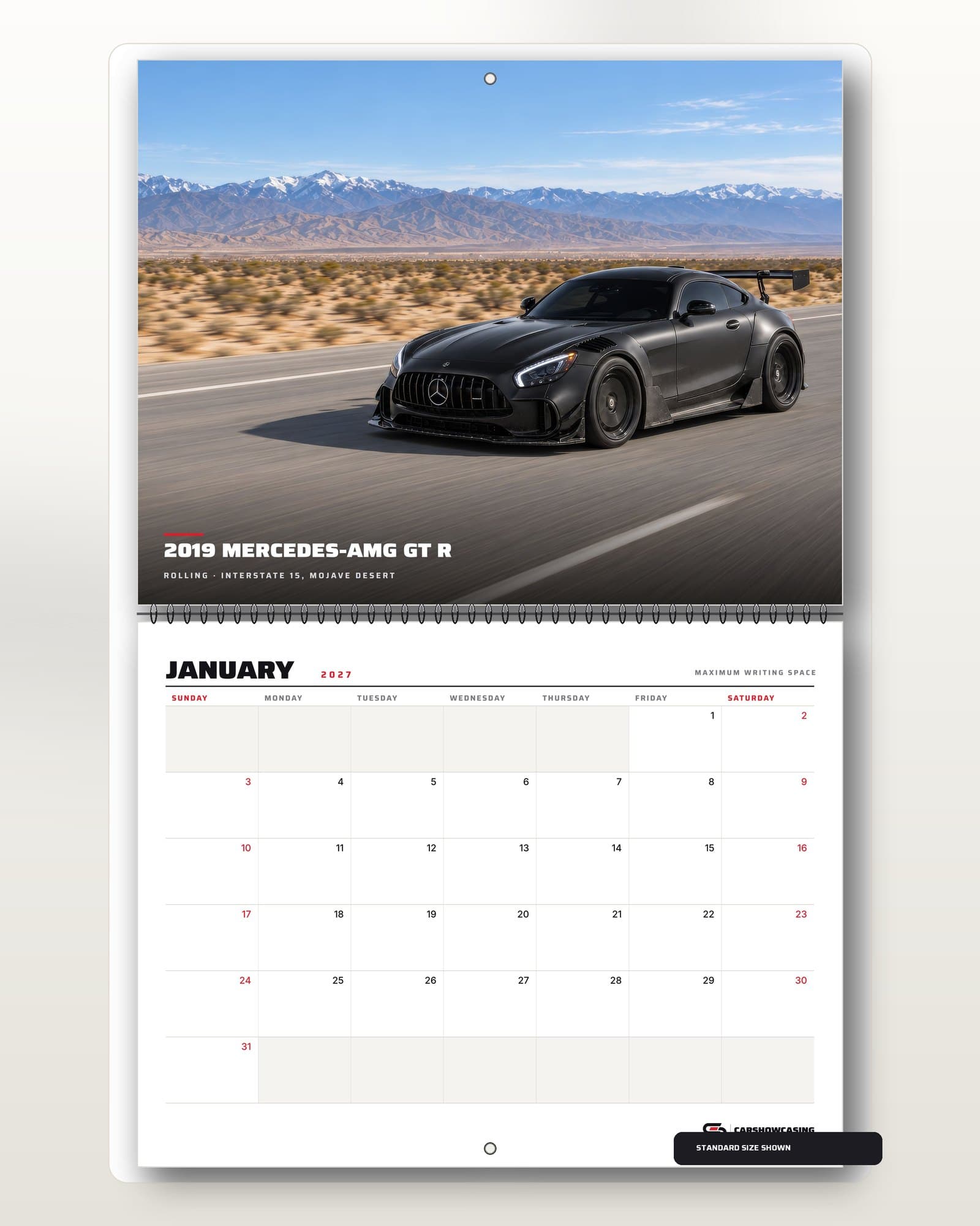 Open 2027 AMG GT R wall calendar: the January page above the writable month grid.