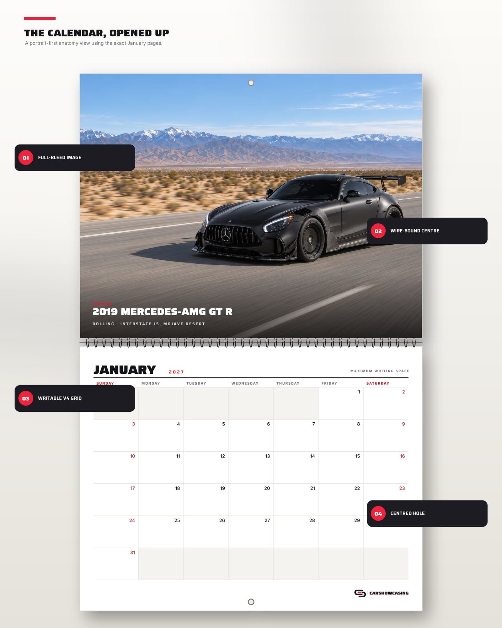 Diagram of the open AMG GT R calendar: equal image and date panels, wire binding, centred hanging hole.