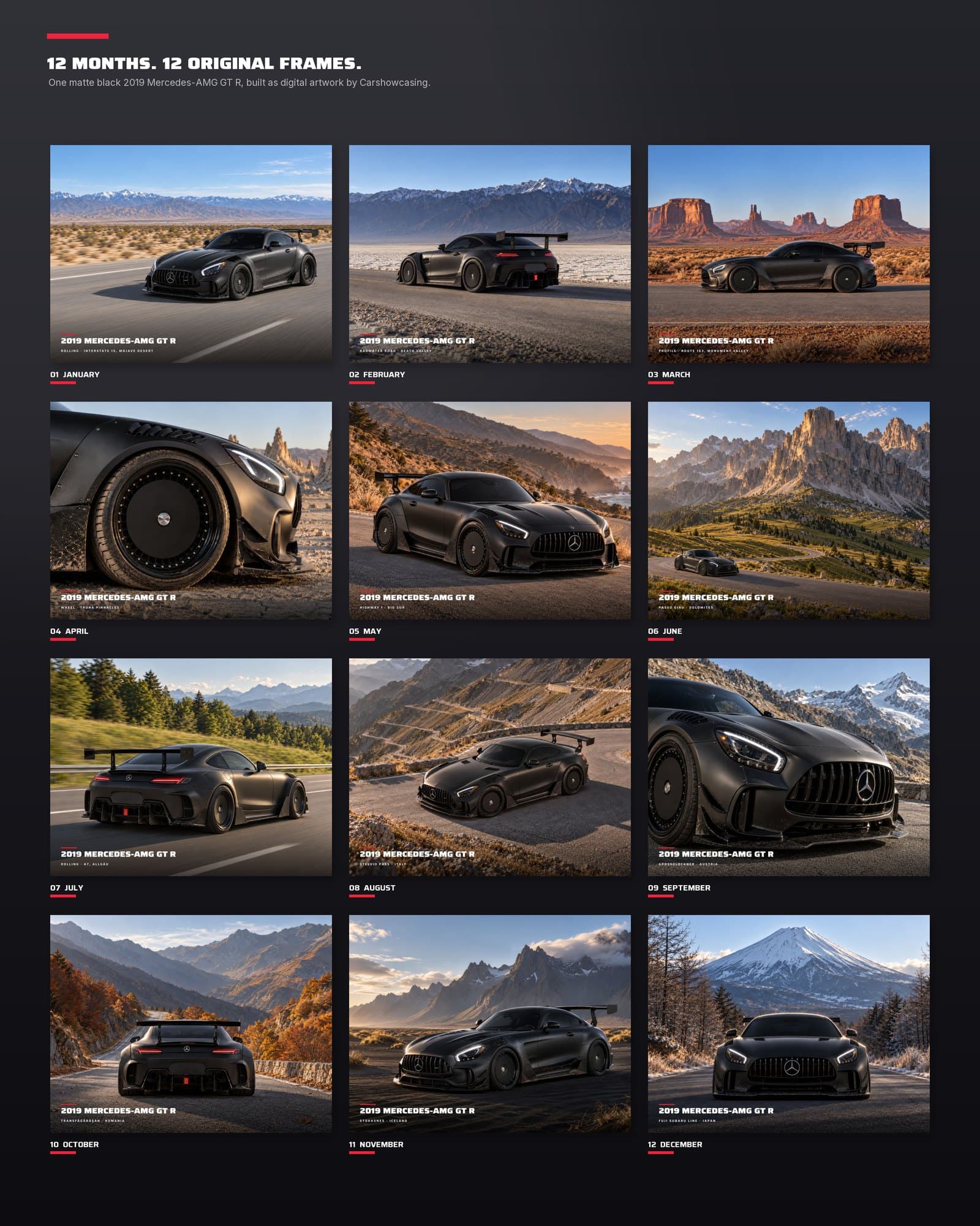Contact sheet of the twelve AMG GT R frames, January to December.