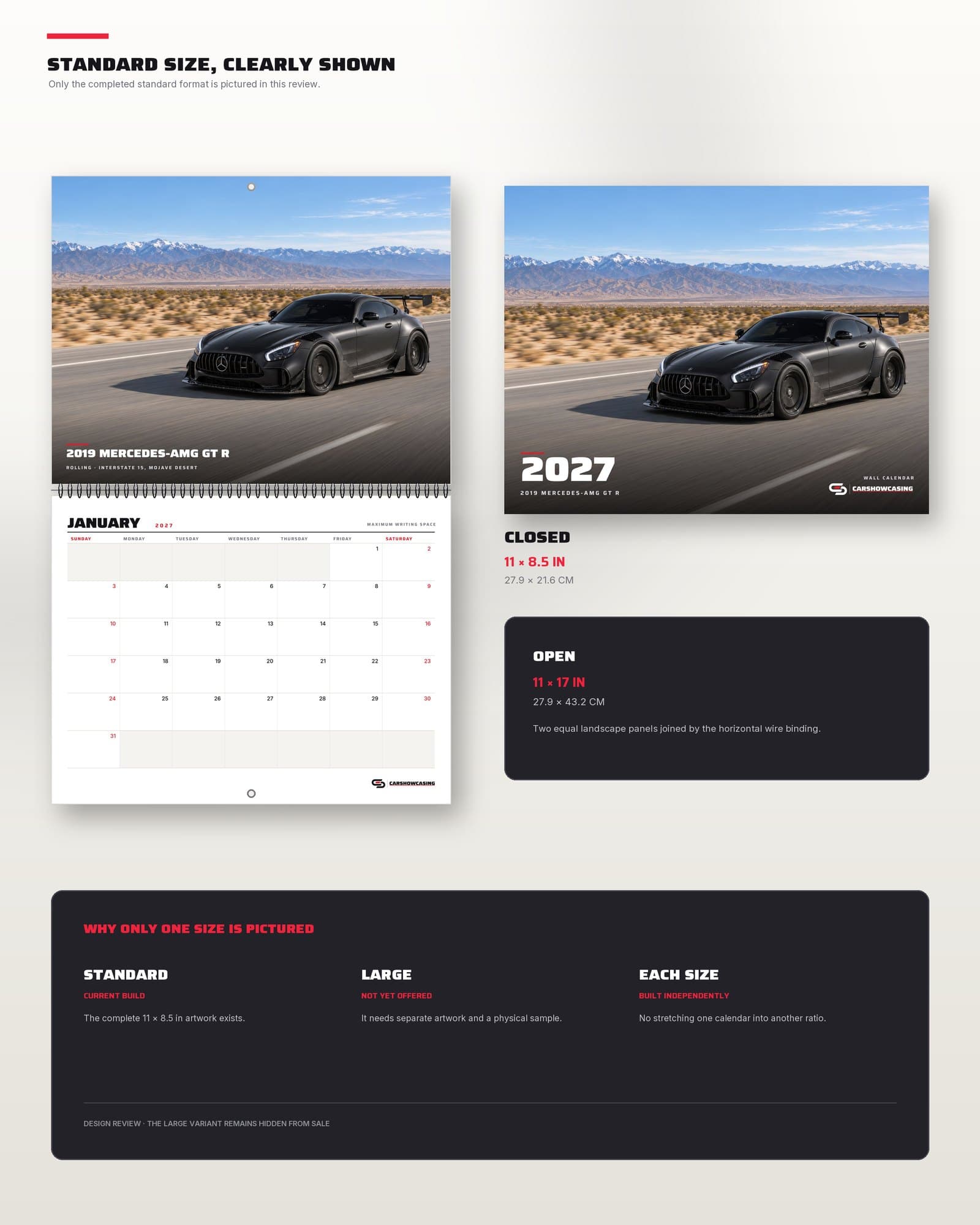 Size diagram: the calendar closed at 11 by 8.5 inches and open to two landscape panels.