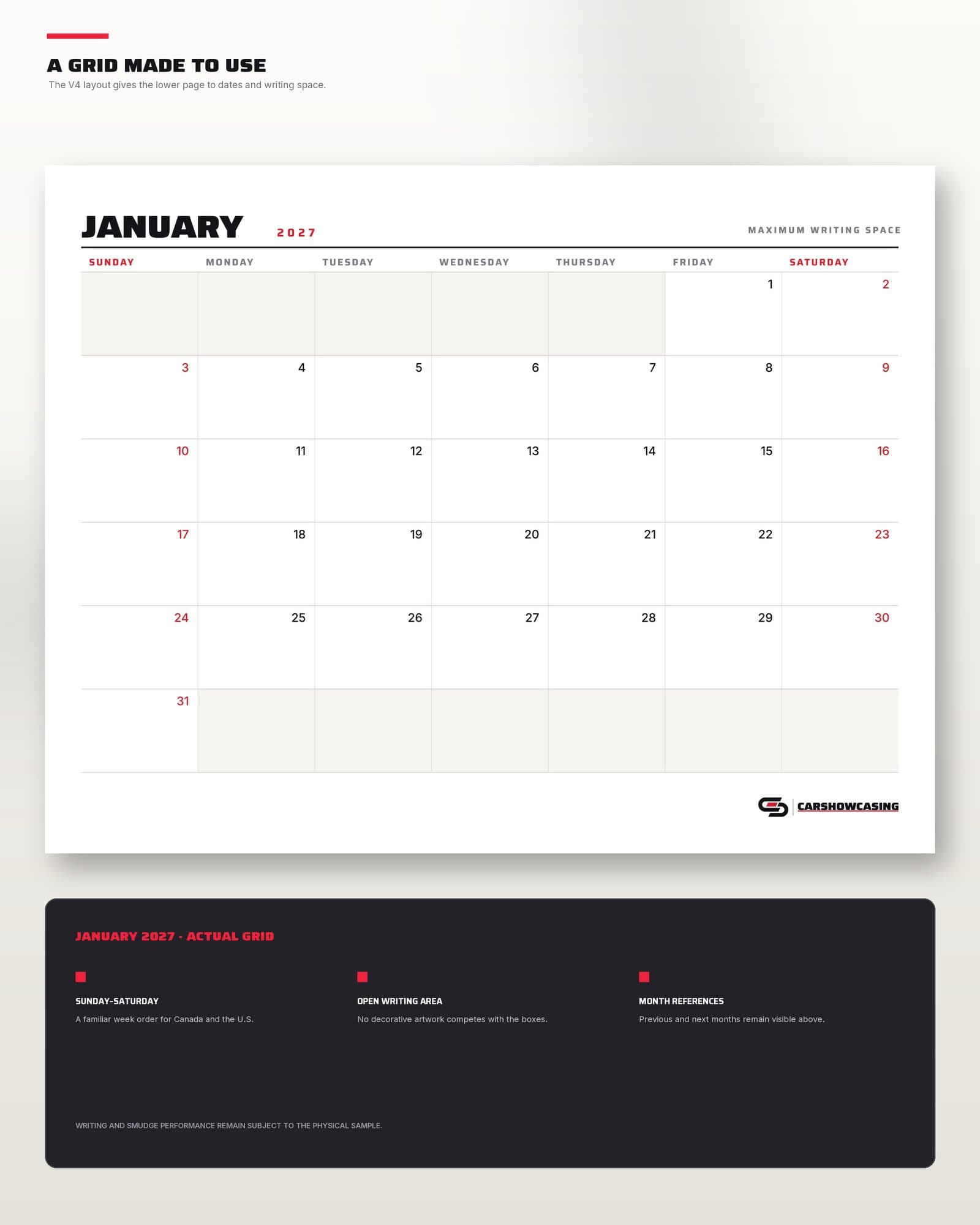 The January planner grid: Sunday start, open writing space in every date box.