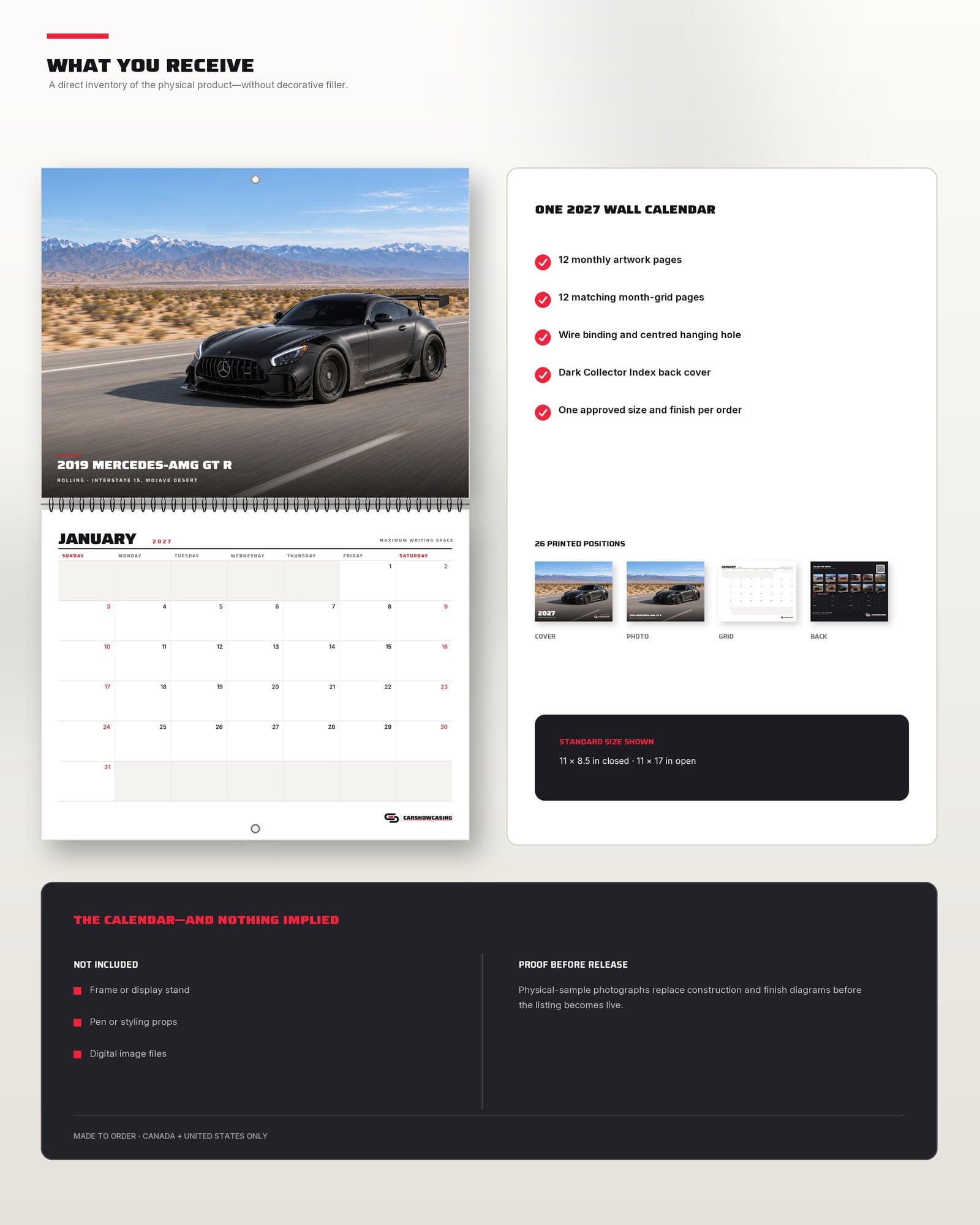 What you receive: one calendar in the size and page finish selected at checkout.