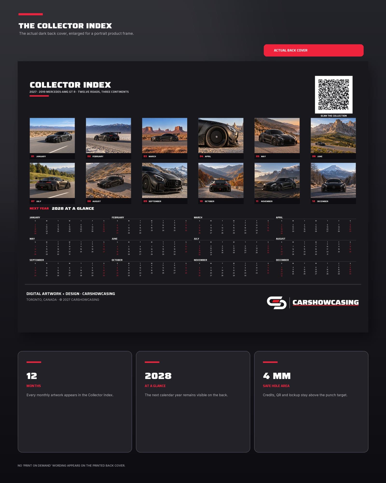 The Collector Index back cover: all twelve months as thumbnails plus 2028 at a glance.