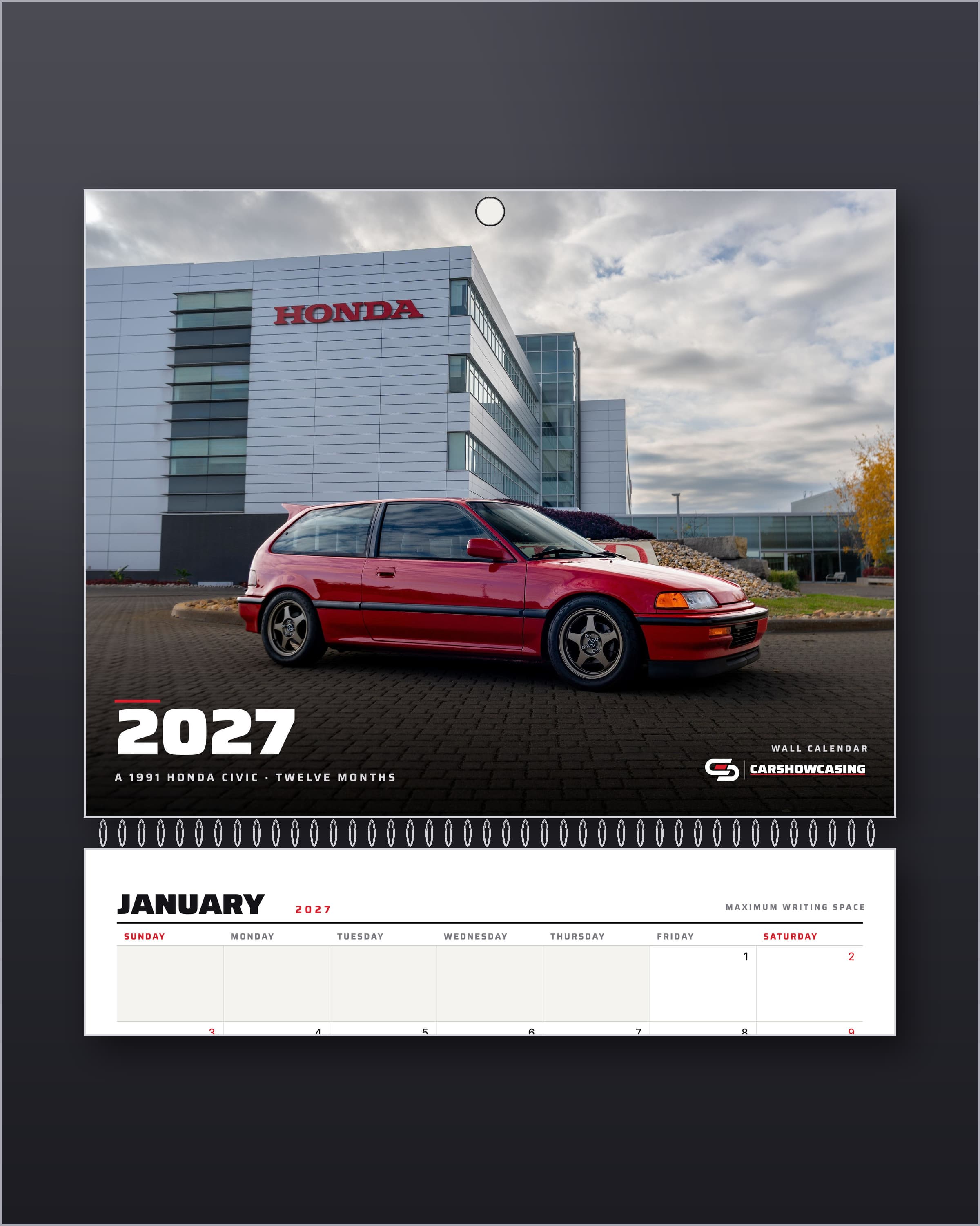 2027 Honda Civic wall calendar cover with the January grid below the wire binding