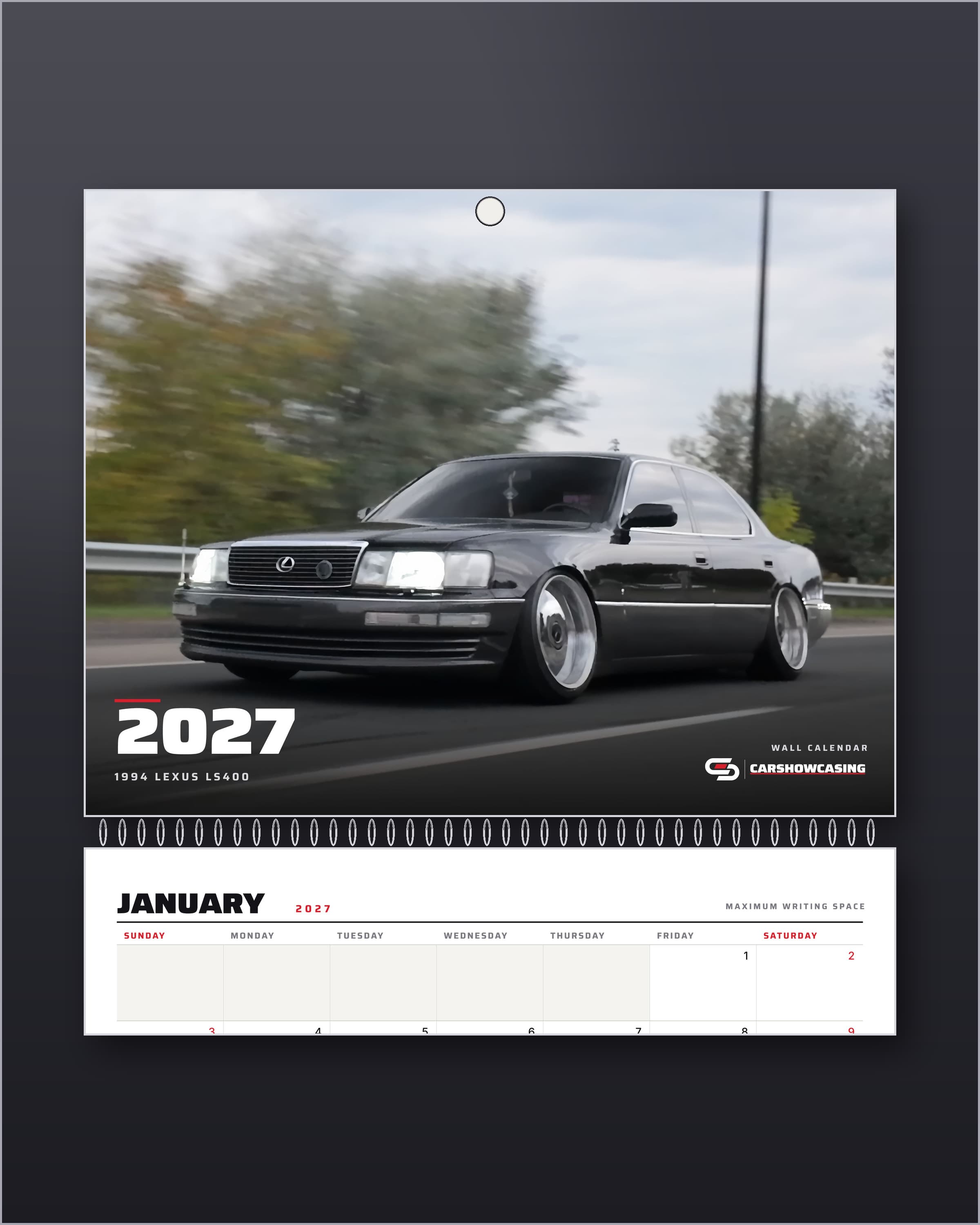 2027 Lexus LS400 wall calendar cover with the January grid below the wire binding