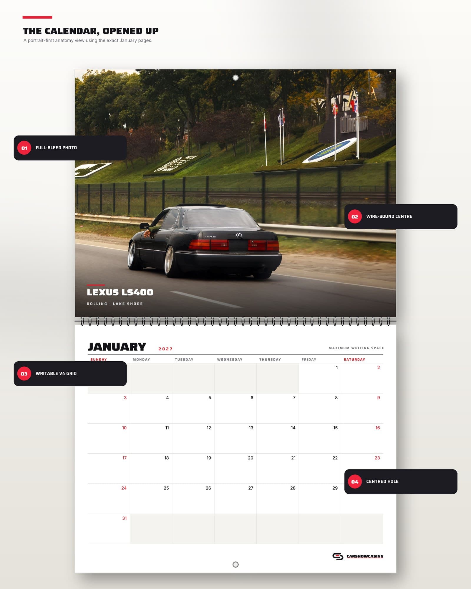 Diagram of the open black Lexus LS400 calendar: equal photo and date panels, wire binding, centred hanging hole.