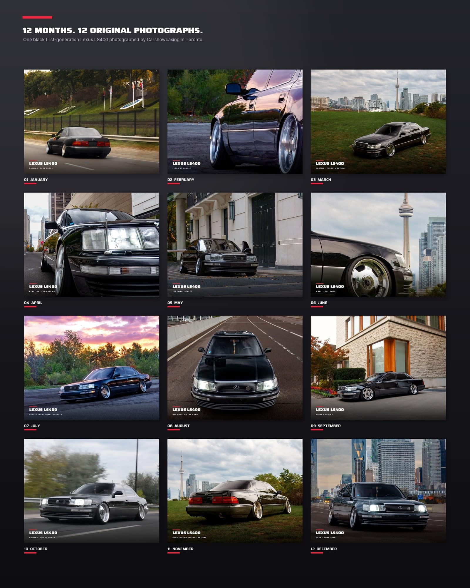 Contact sheet of the twelve original black Lexus LS400 photographs, January to December.