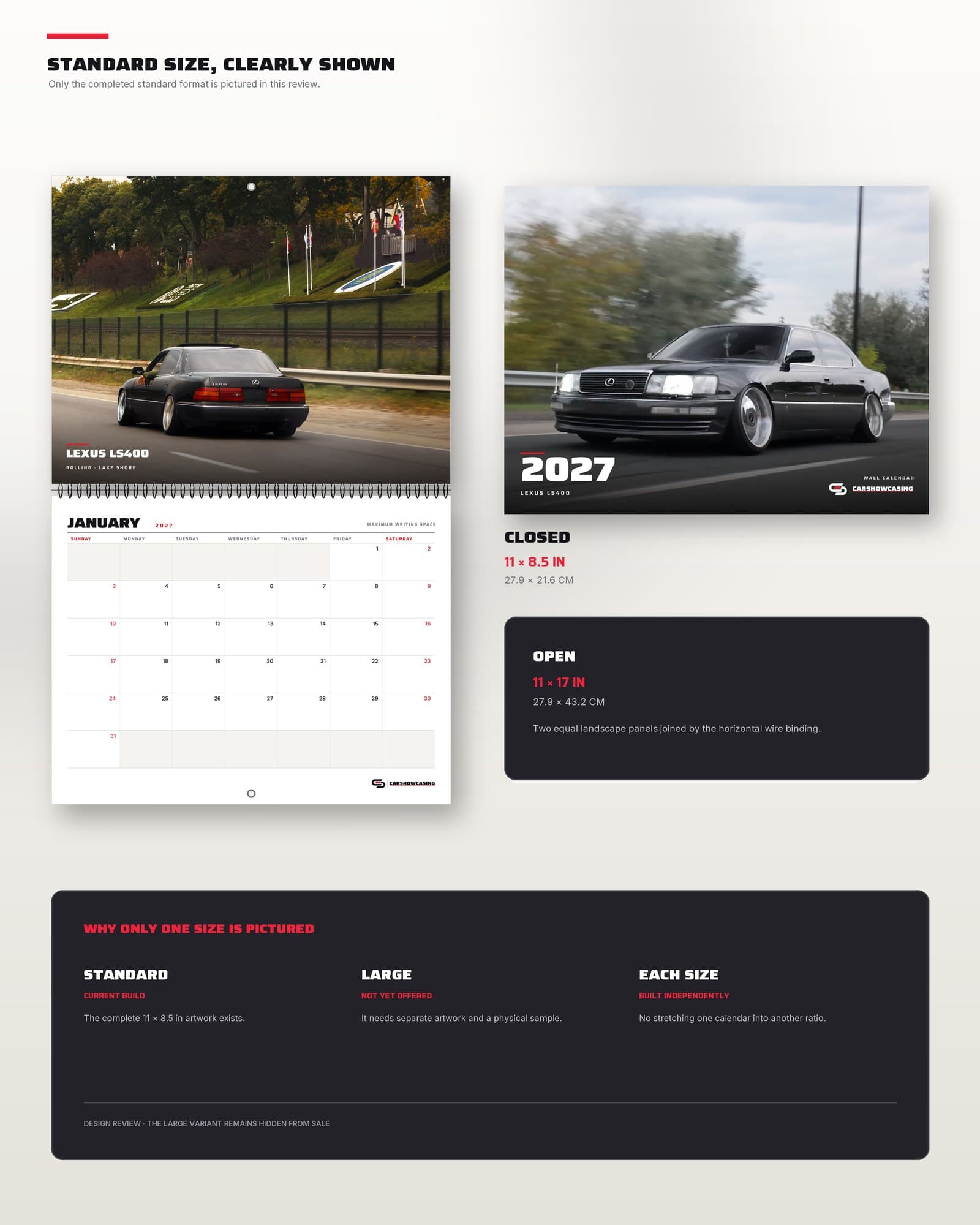 Standard calendar dimensions, closed and open.