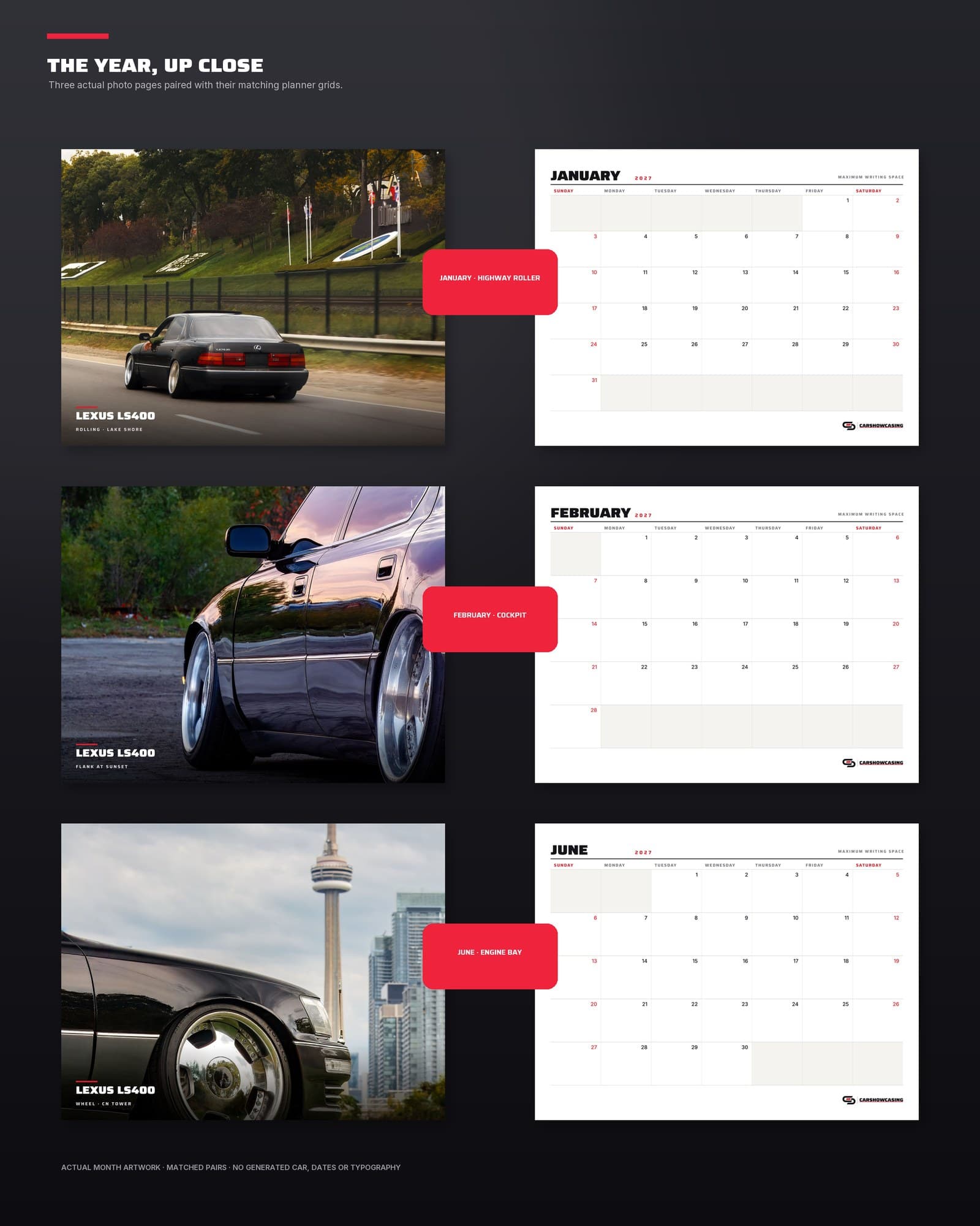 Three featured month spreads from the black Lexus LS400 calendar.