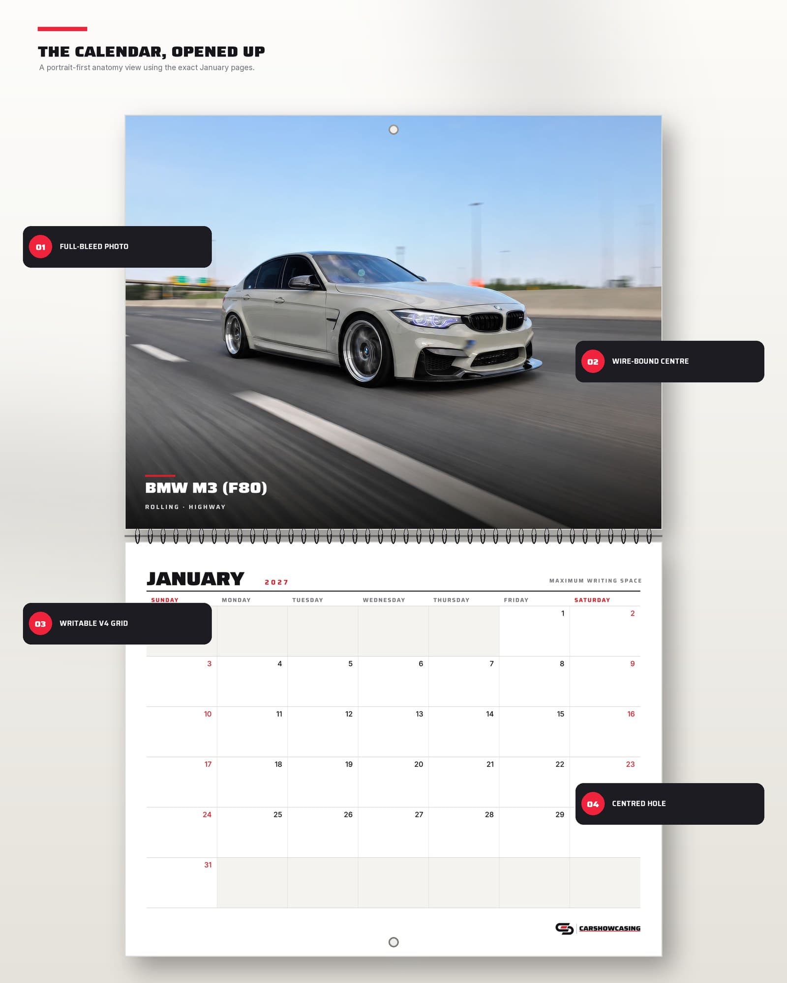 Diagram of the open BMW M3 calendar: equal photo and date panels, wire binding, centred hanging hole.
