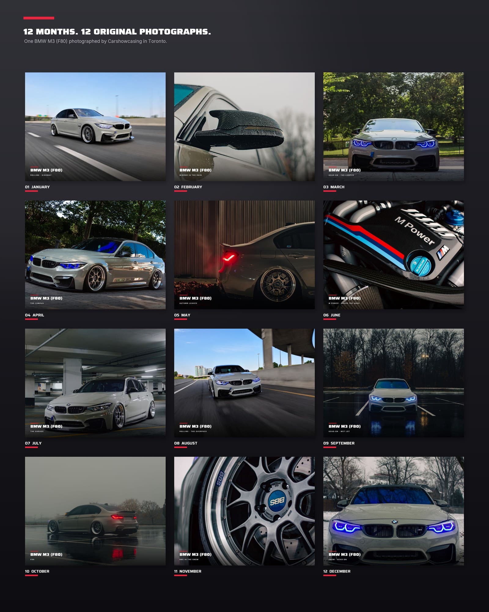 Contact sheet of the twelve original BMW M3 photographs, January to December.
