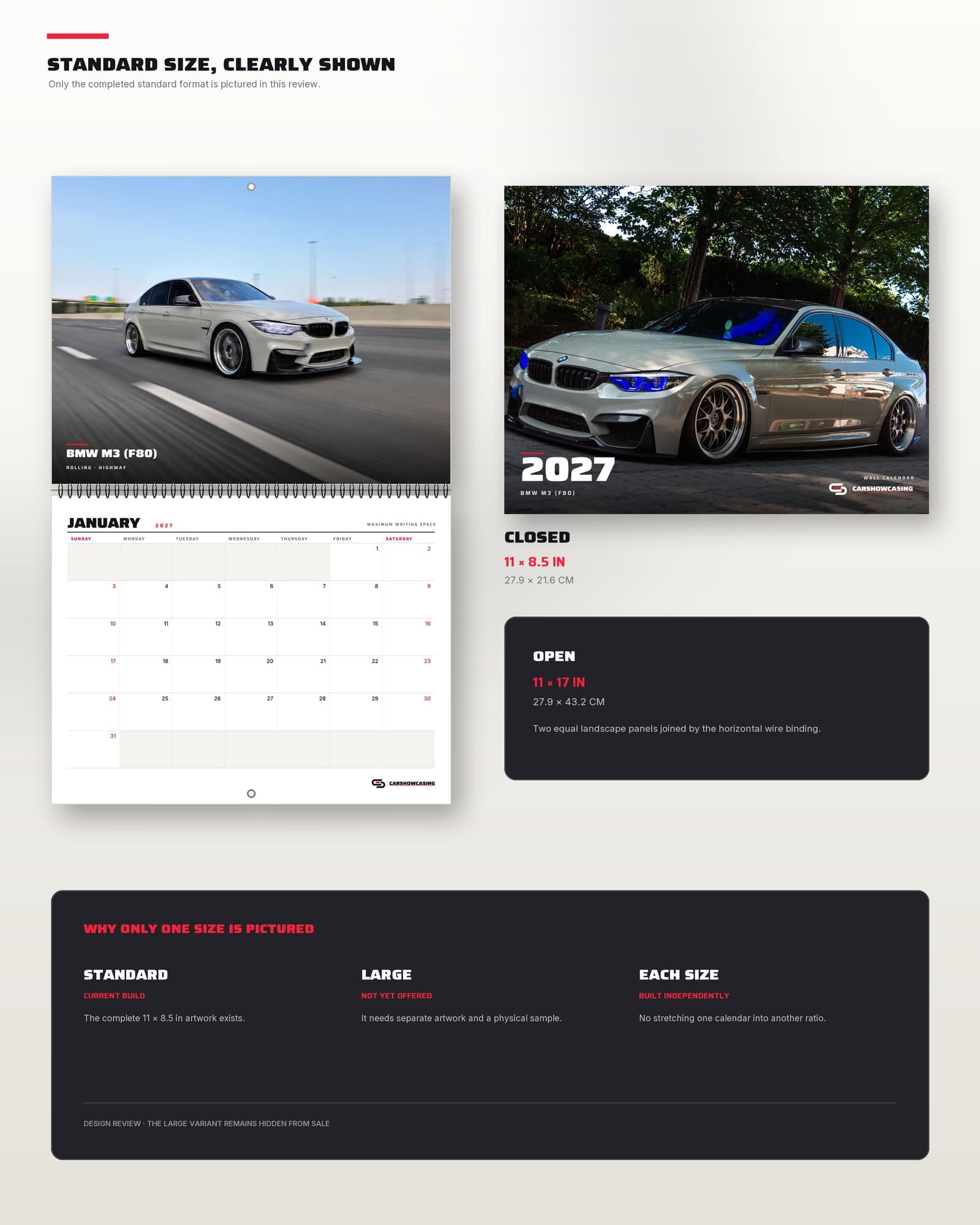 Standard calendar dimensions, closed and open.