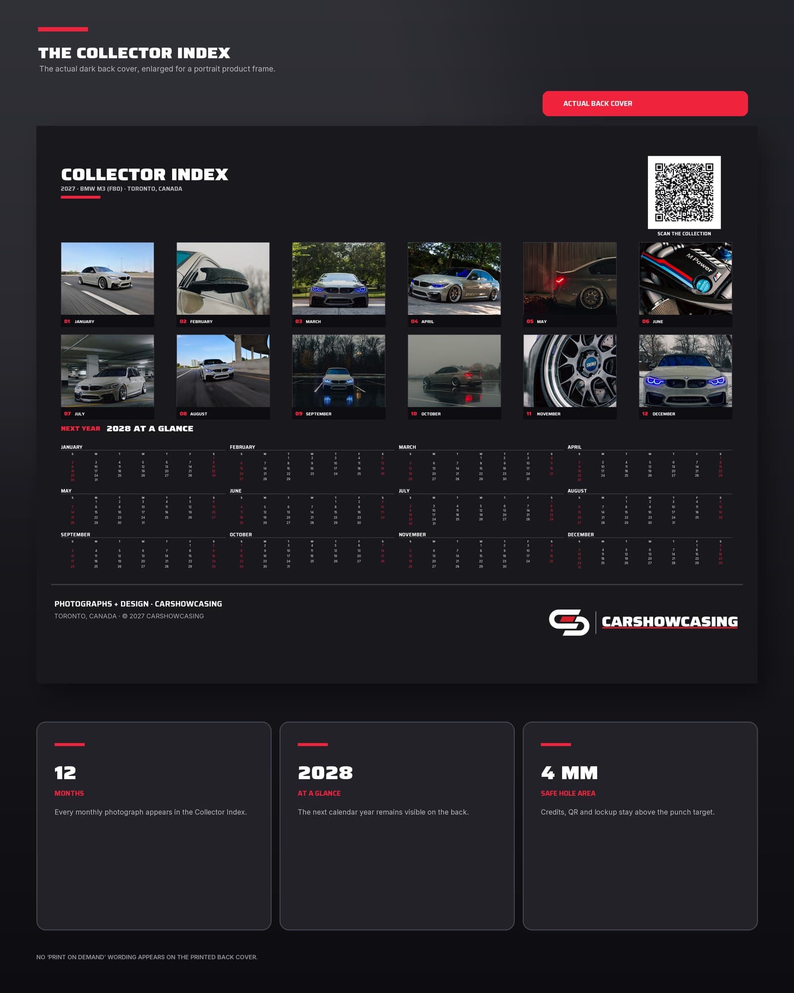 Dark Collector Index back cover with all twelve BMW M3 photographs and 2028 at a glance.