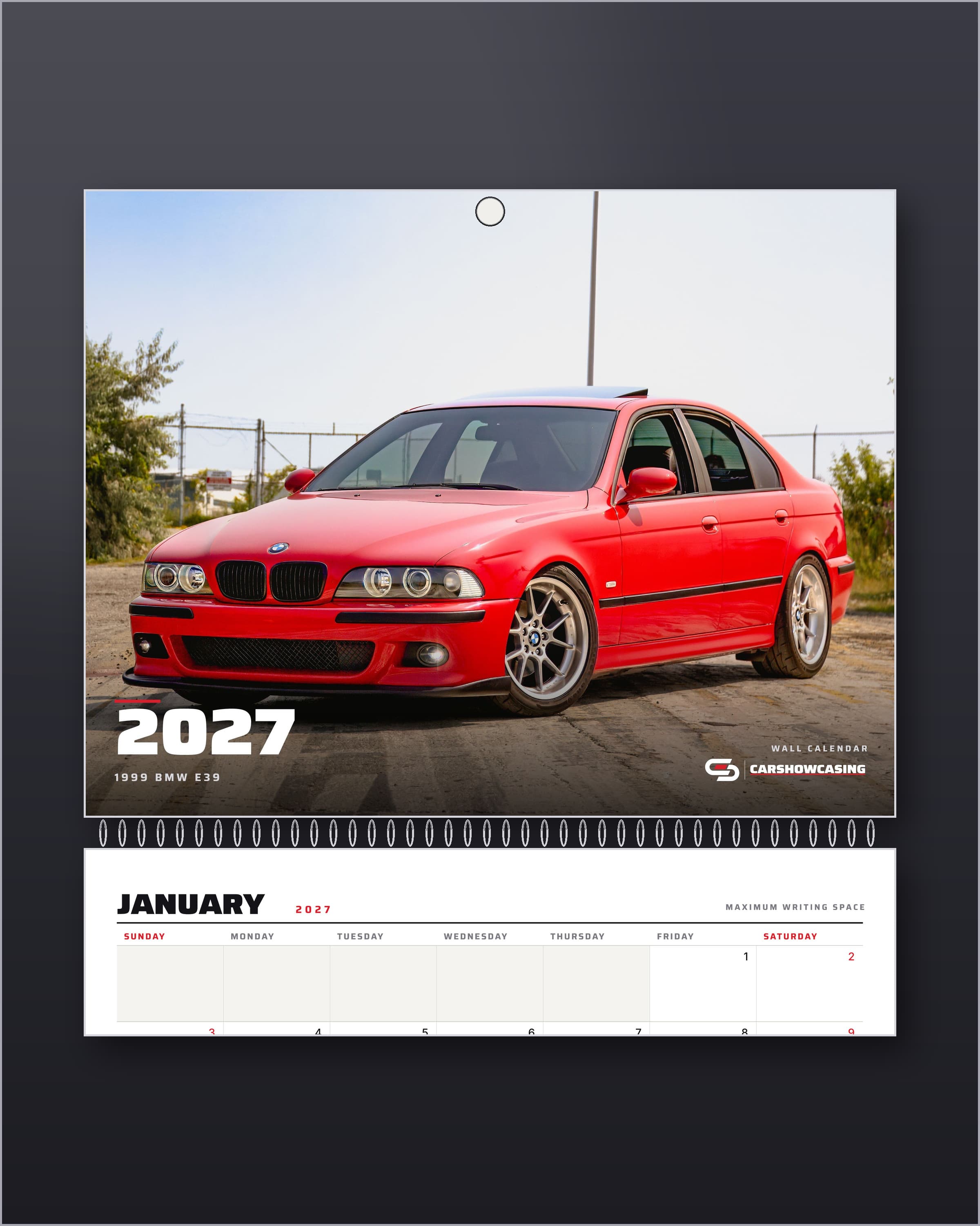 2027 BMW E39 M5 wall calendar cover with the January grid below the wire binding