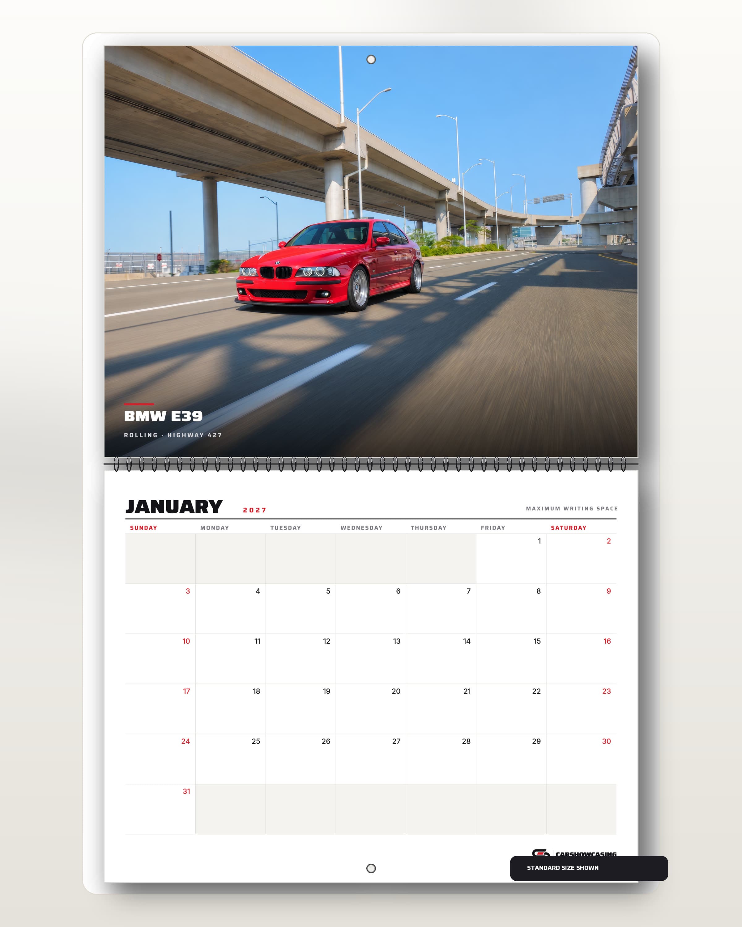 Open Imola red BMW E39 wall calendar: the January page above the writable month grid.