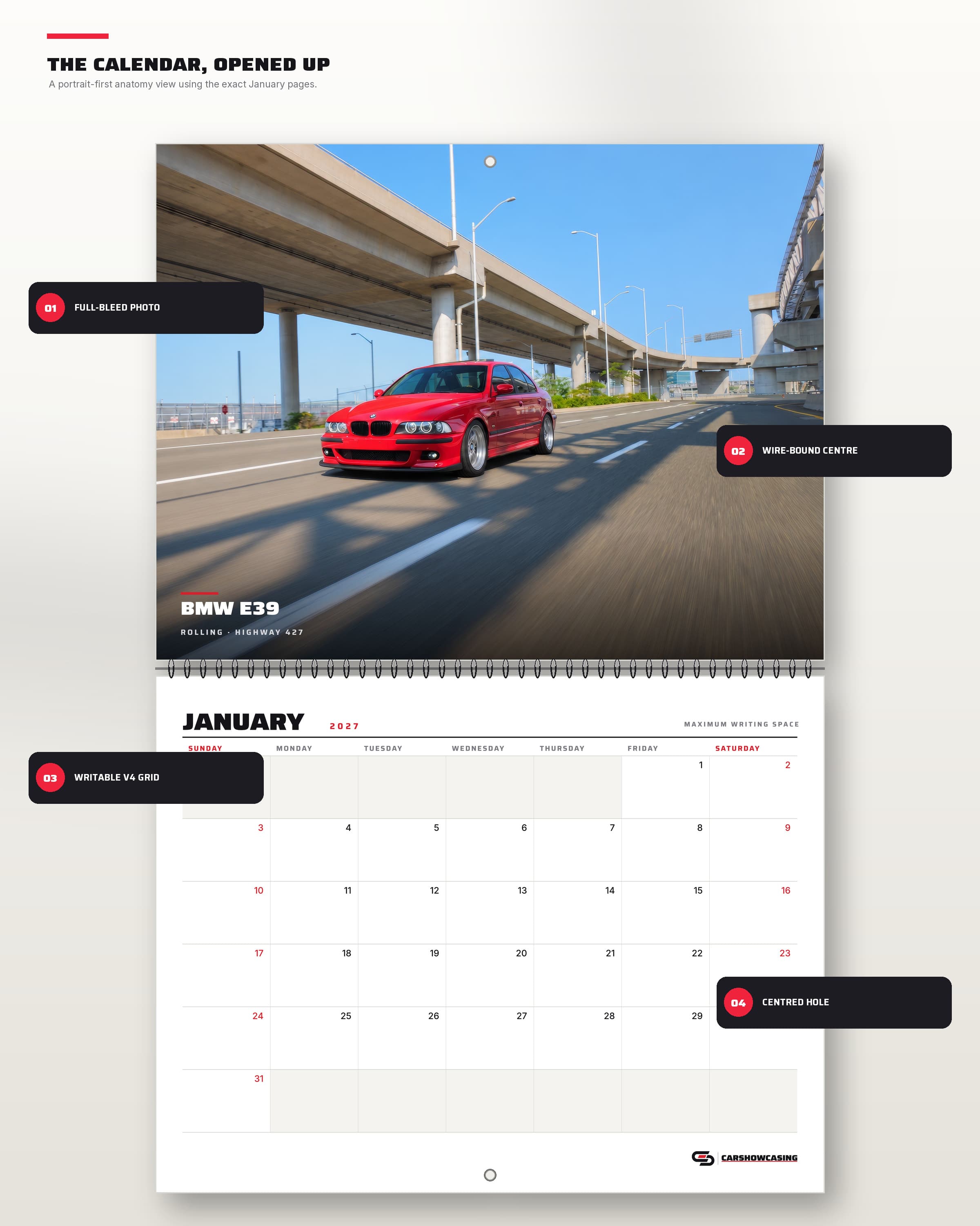 Diagram of the open Imola red BMW E39 calendar: equal photo and date panels, wire binding, centred hanging hole.