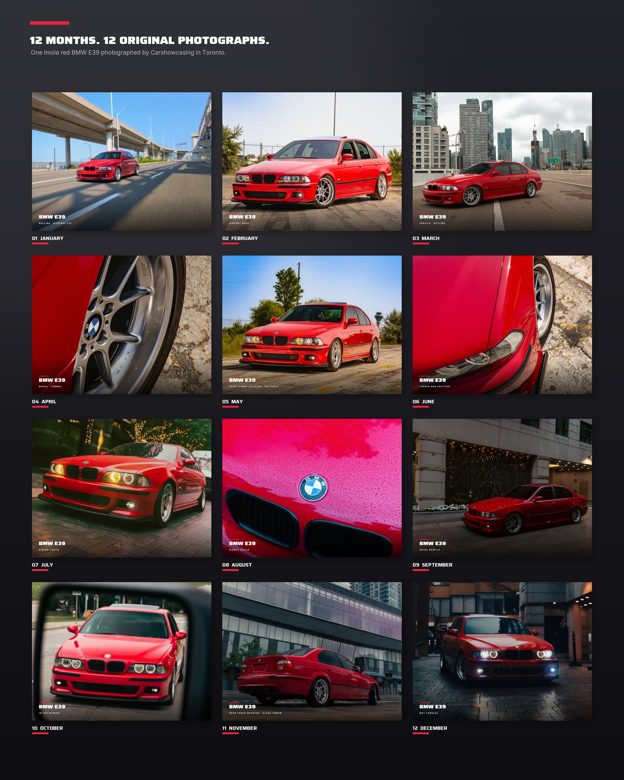 Contact sheet of the twelve original Imola red BMW E39 photographs, January to December.
