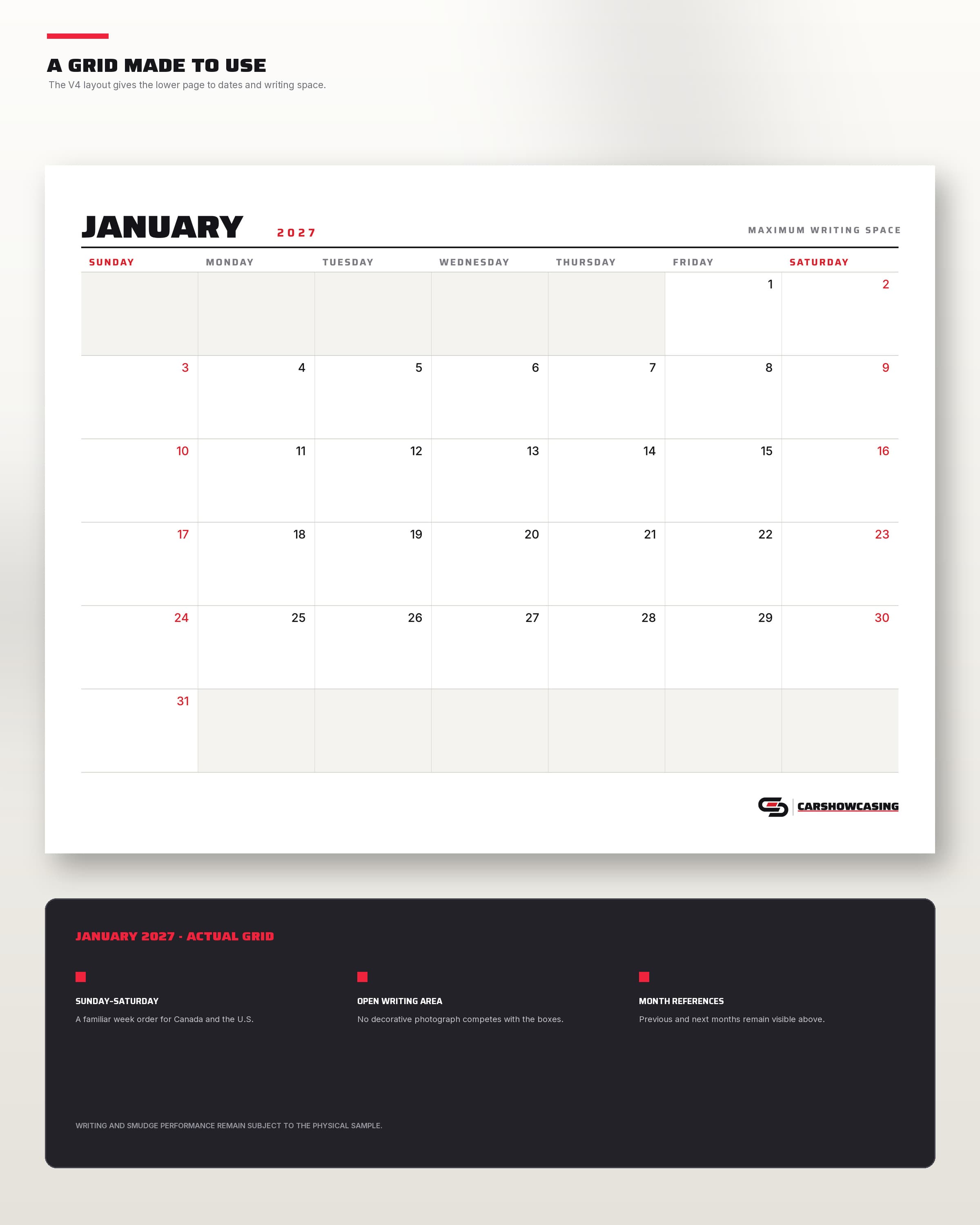 The January 2027 Sunday-to-Saturday writing grid.