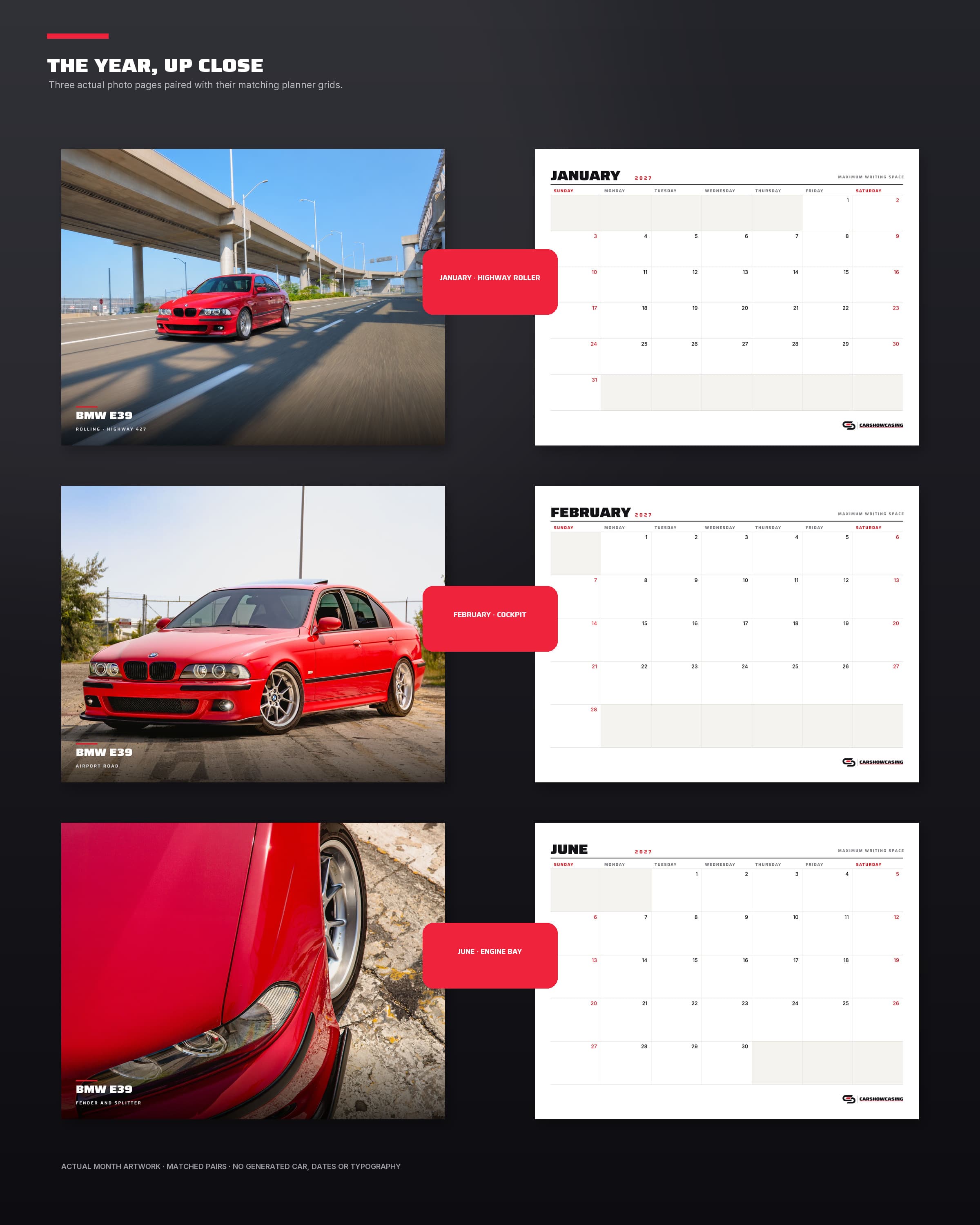 Three featured month spreads from the Imola red BMW E39 calendar.