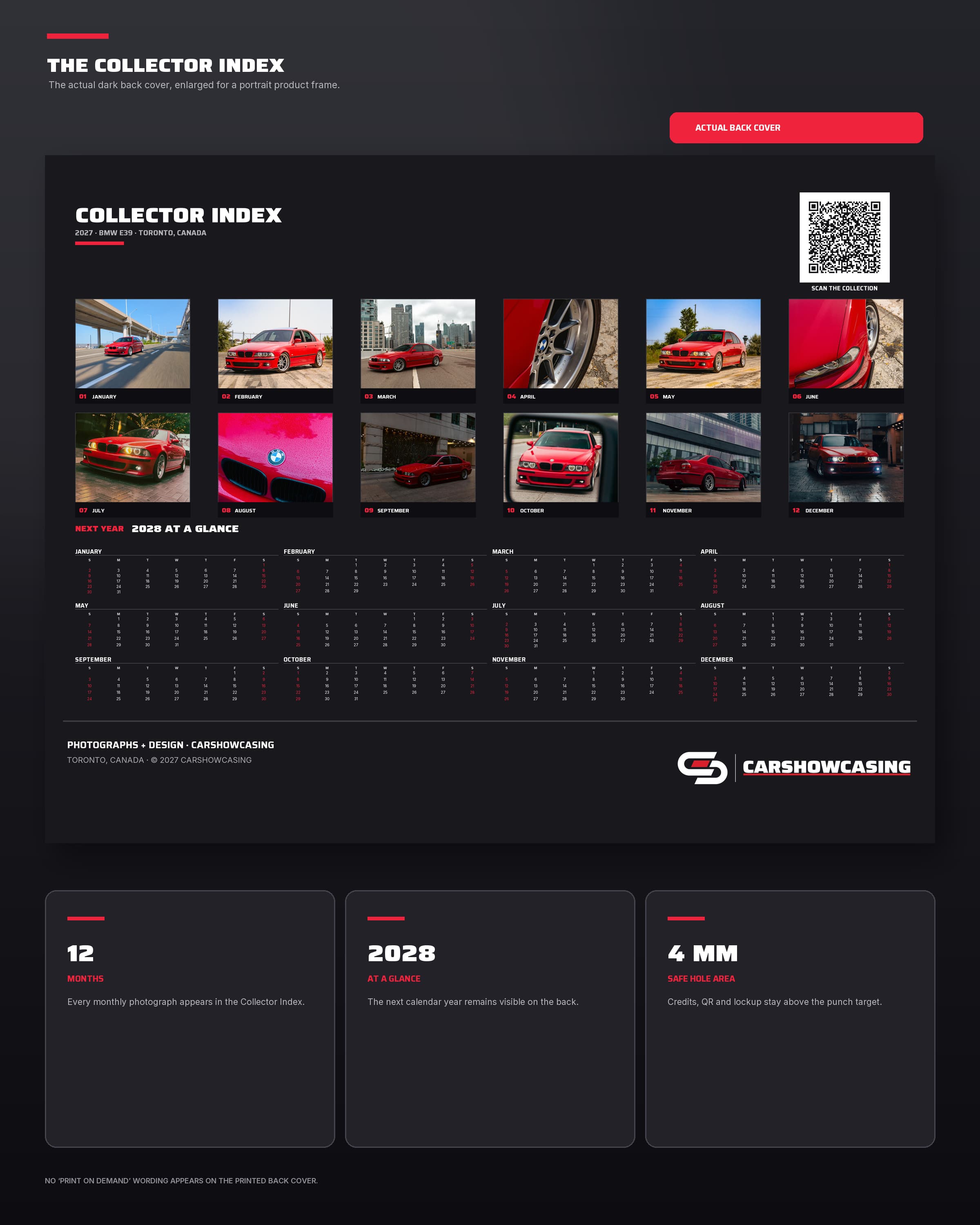 Dark Collector Index back cover with all twelve Imola red BMW E39 photographs and 2028 at a glance.