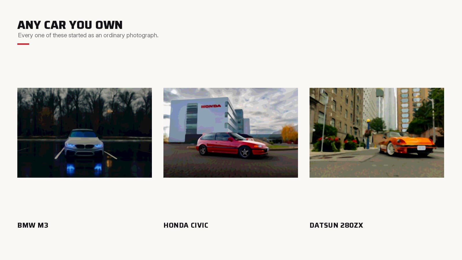 Three different cars rendered from ordinary photographs