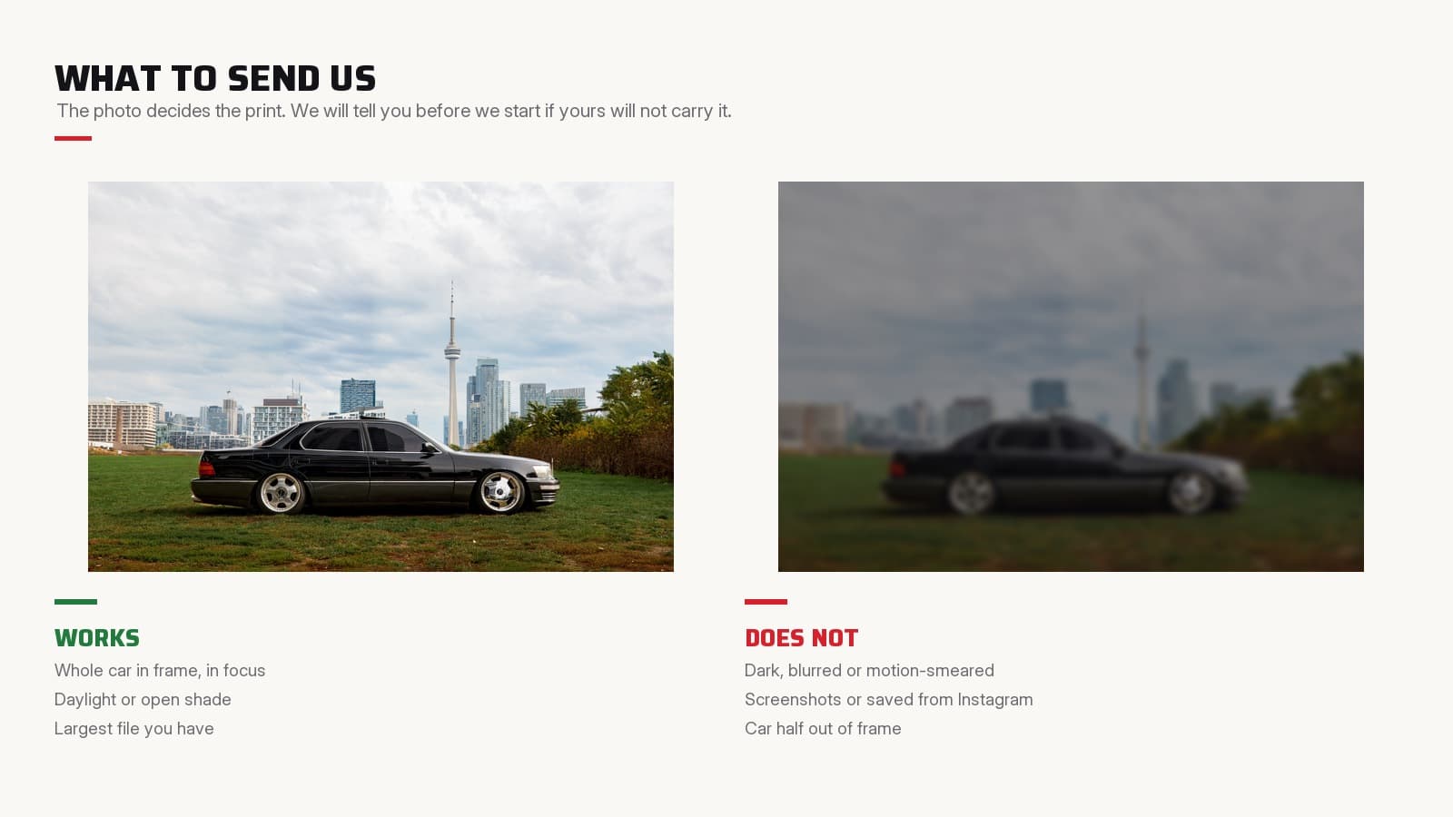 What to send: a sharp daylight photograph works, a dark blurred one does not