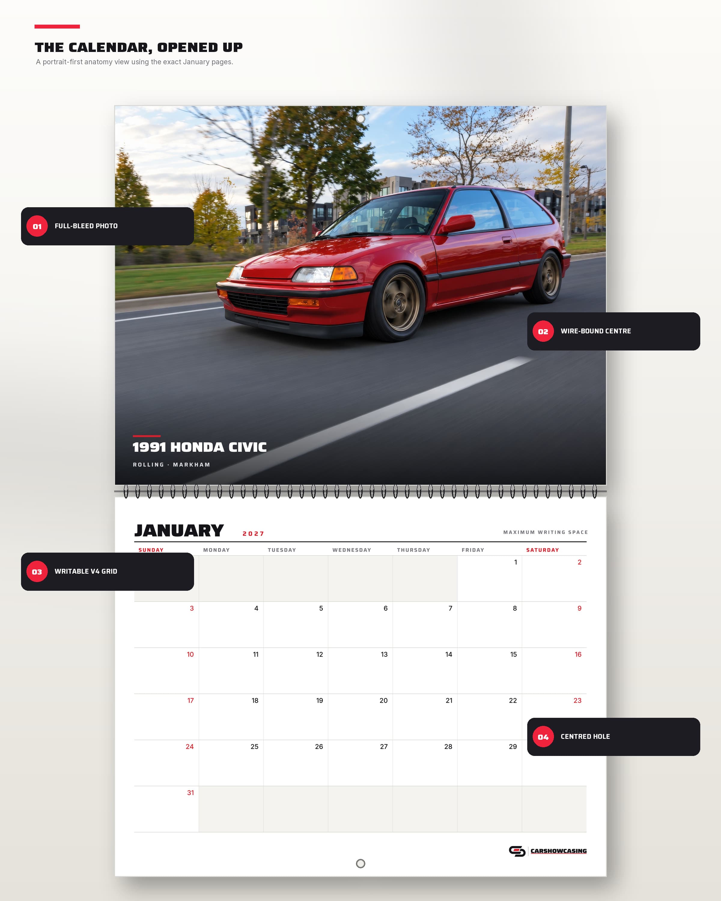 January spread of the 2027 Civic calendar with callouts for the full-bleed photo, wire binding, writable grid and centred hanging hole