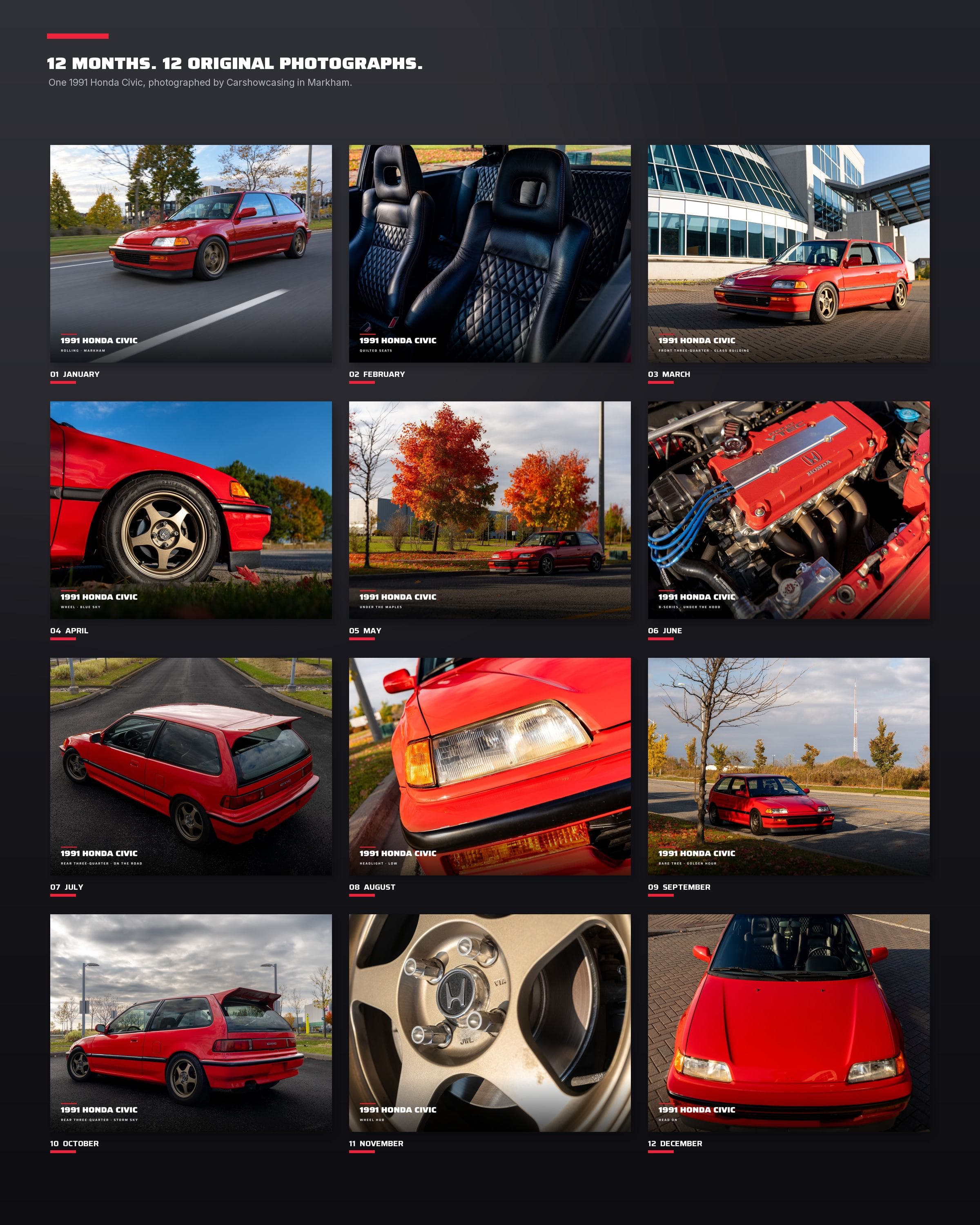 All twelve original photographs of the red 1991 Civic used from January to December