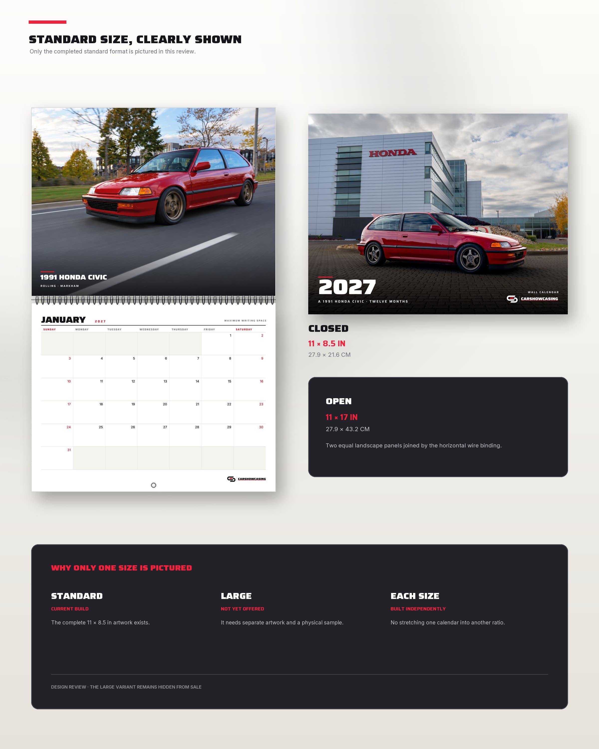 Standard calendar size diagram: 11 by 8.5 inches closed, 11 by 17 inches open