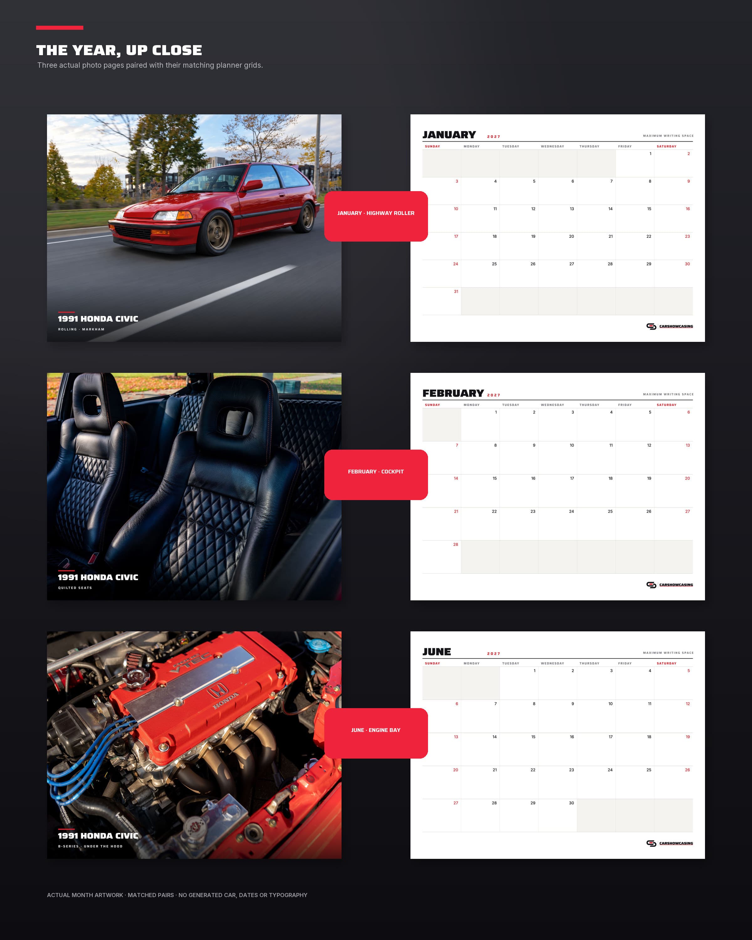 Three calendar spreads: the rolling shot, the engine bay and the head-on finale