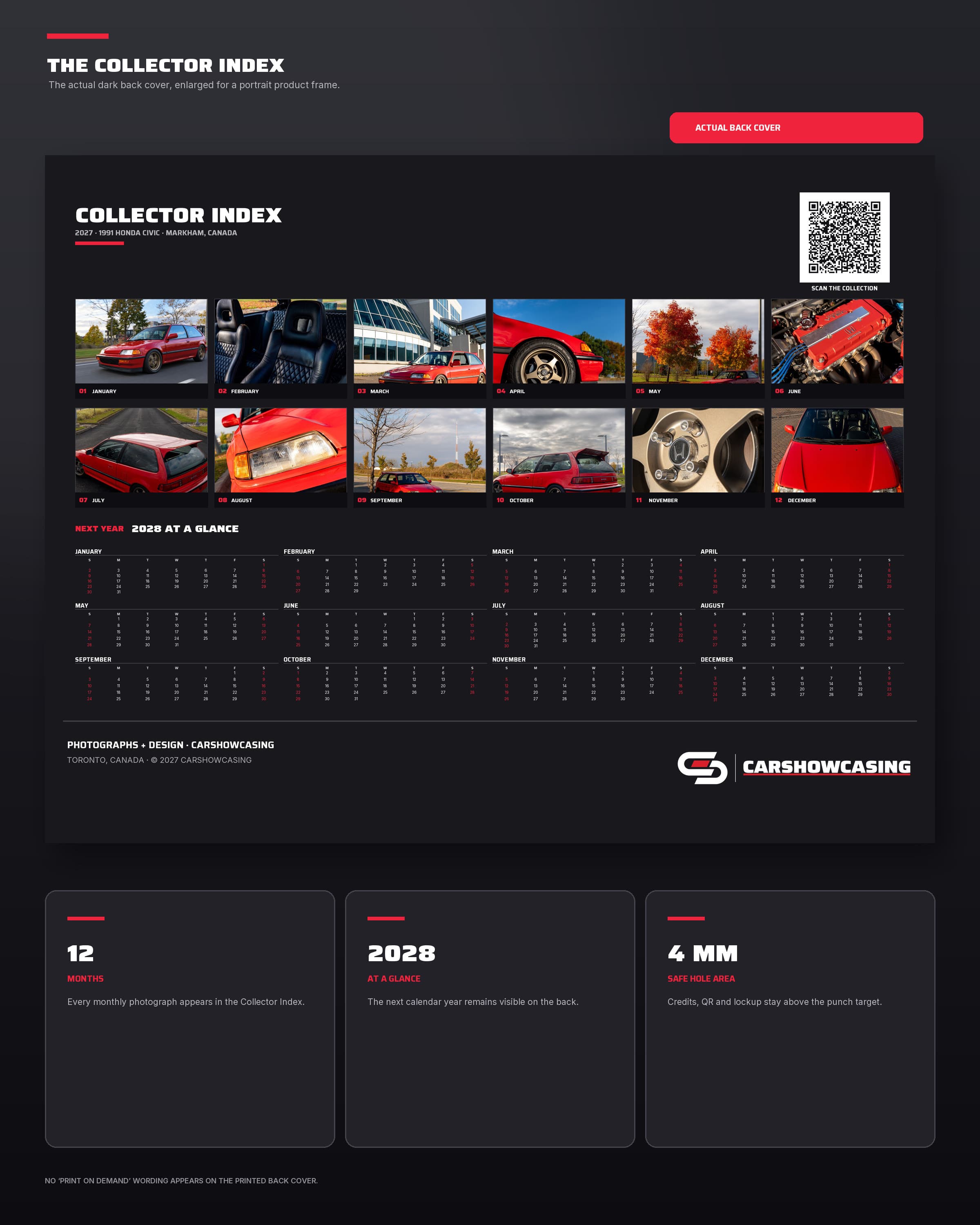 Dark Collector Index back cover with all 12 monthly images and the 2028 year-at-a-glance calendar
