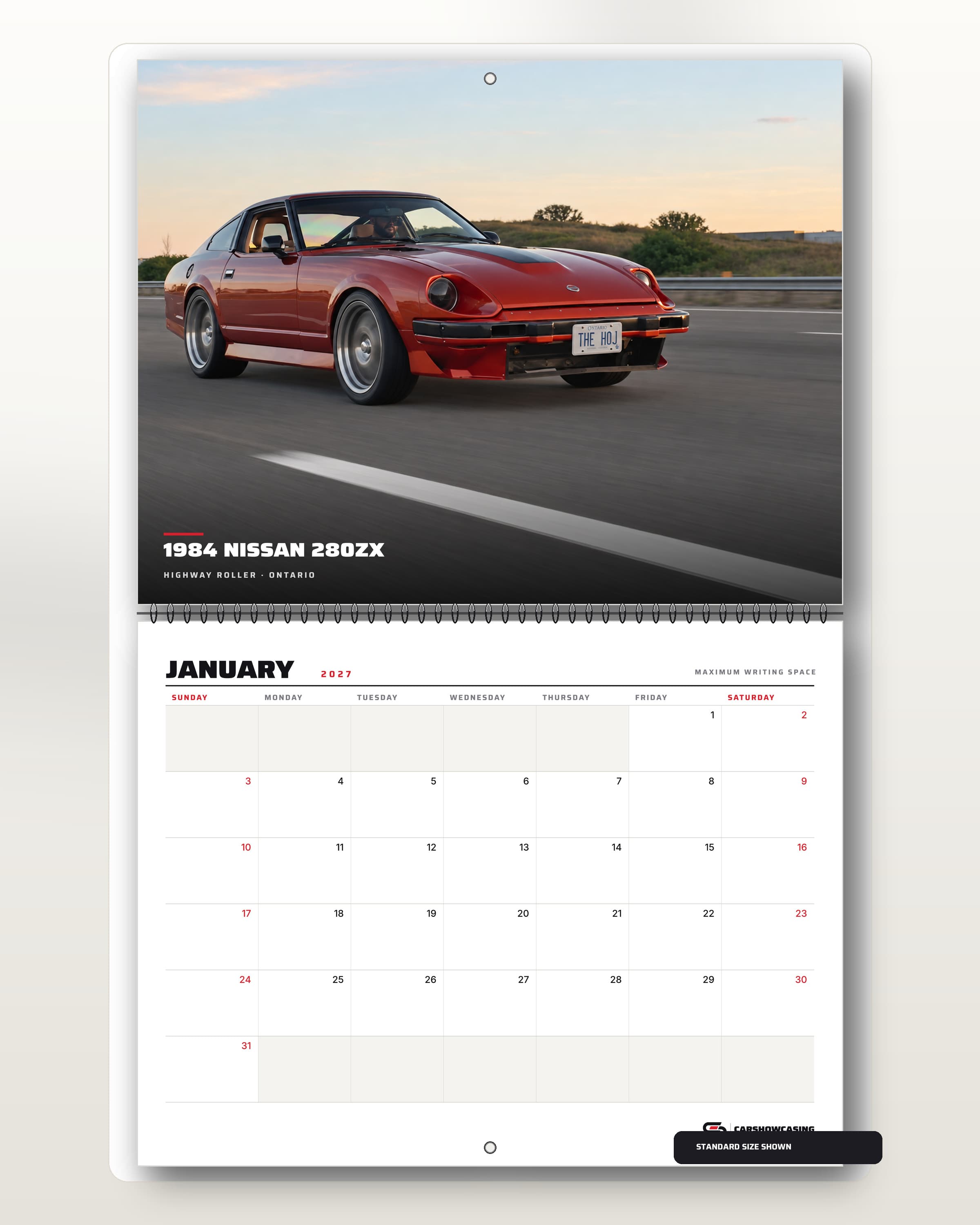 Open 2027 280ZX Wall Calendar with a landscape car photograph above the January writing grid