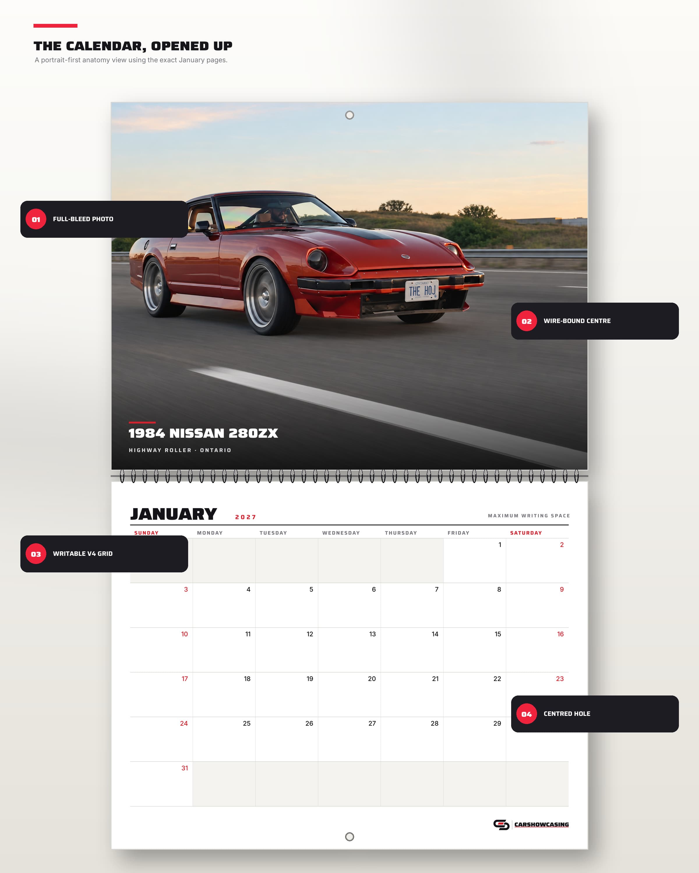 January spread showing the highway rolling photograph, date grid, wire binding and hanging holes