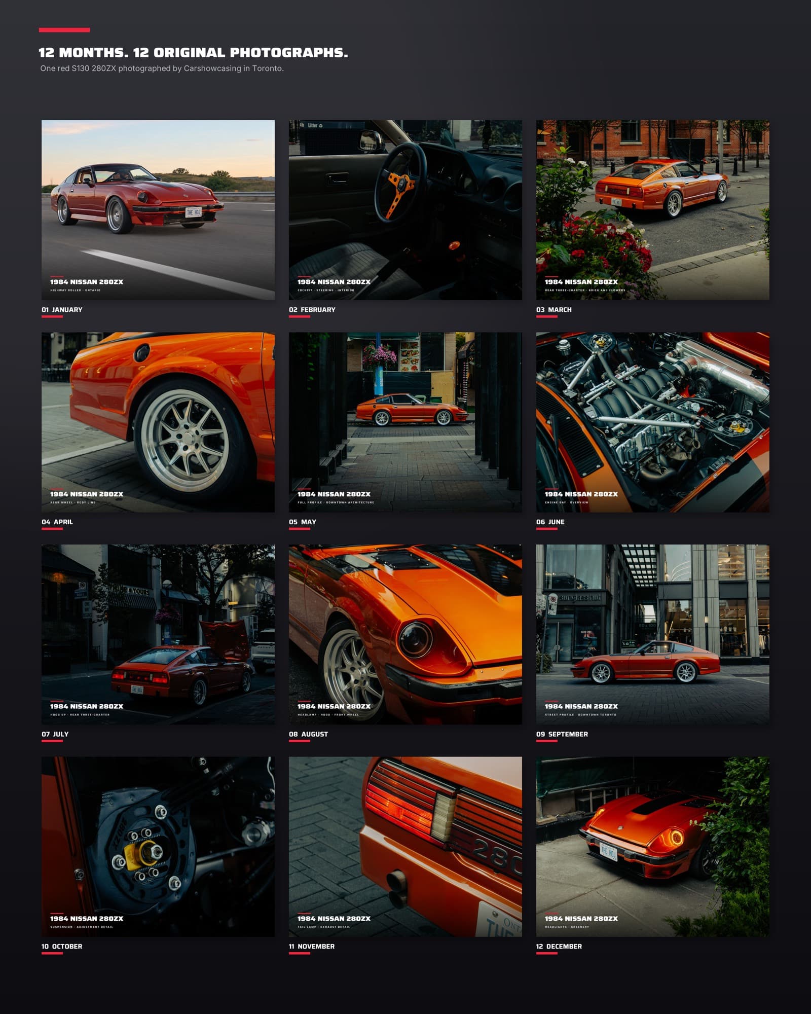 All twelve original 280ZX monthly photographs arranged in calendar order