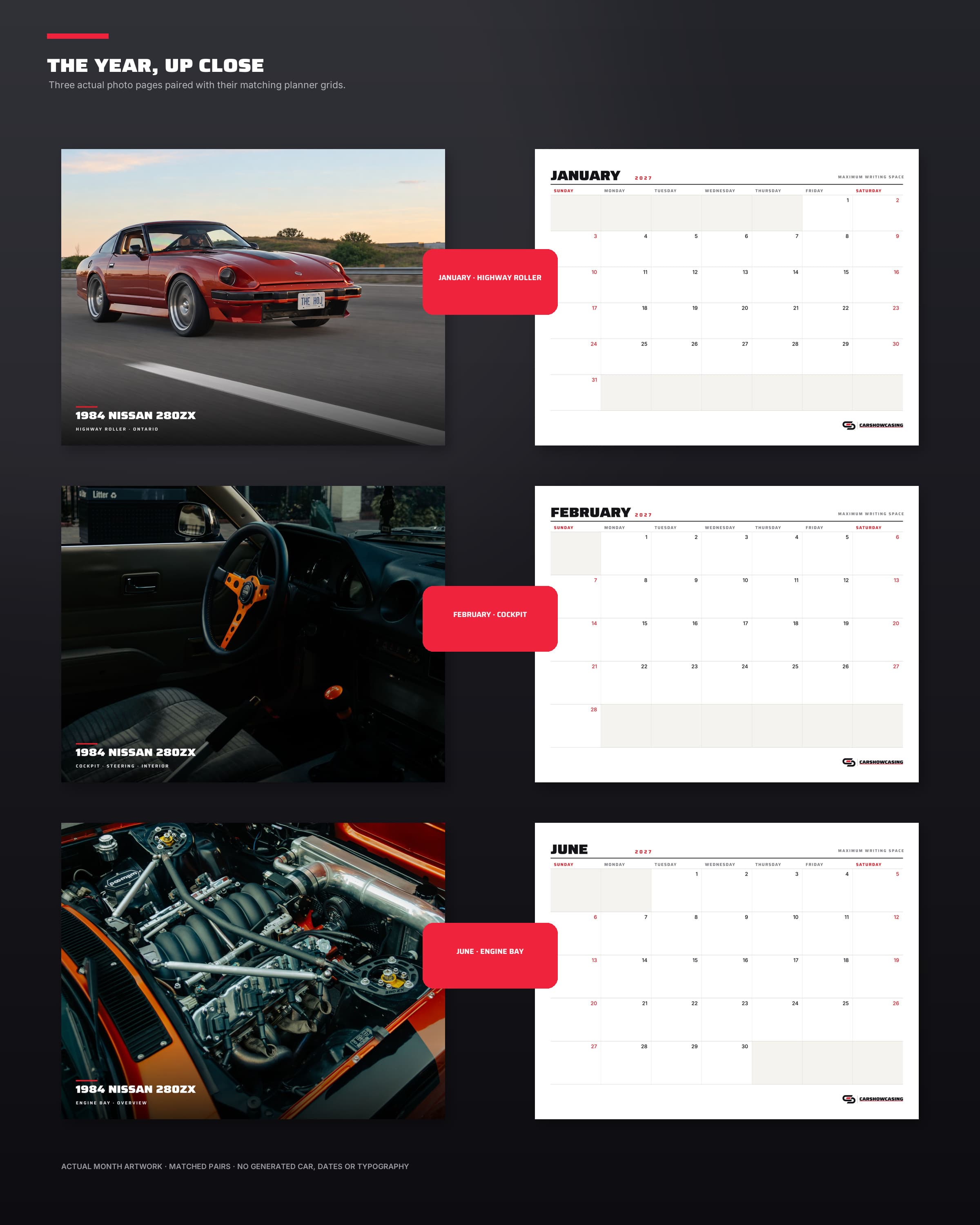Three featured 2027 280ZX calendar month pairs showing photography above matching date grids