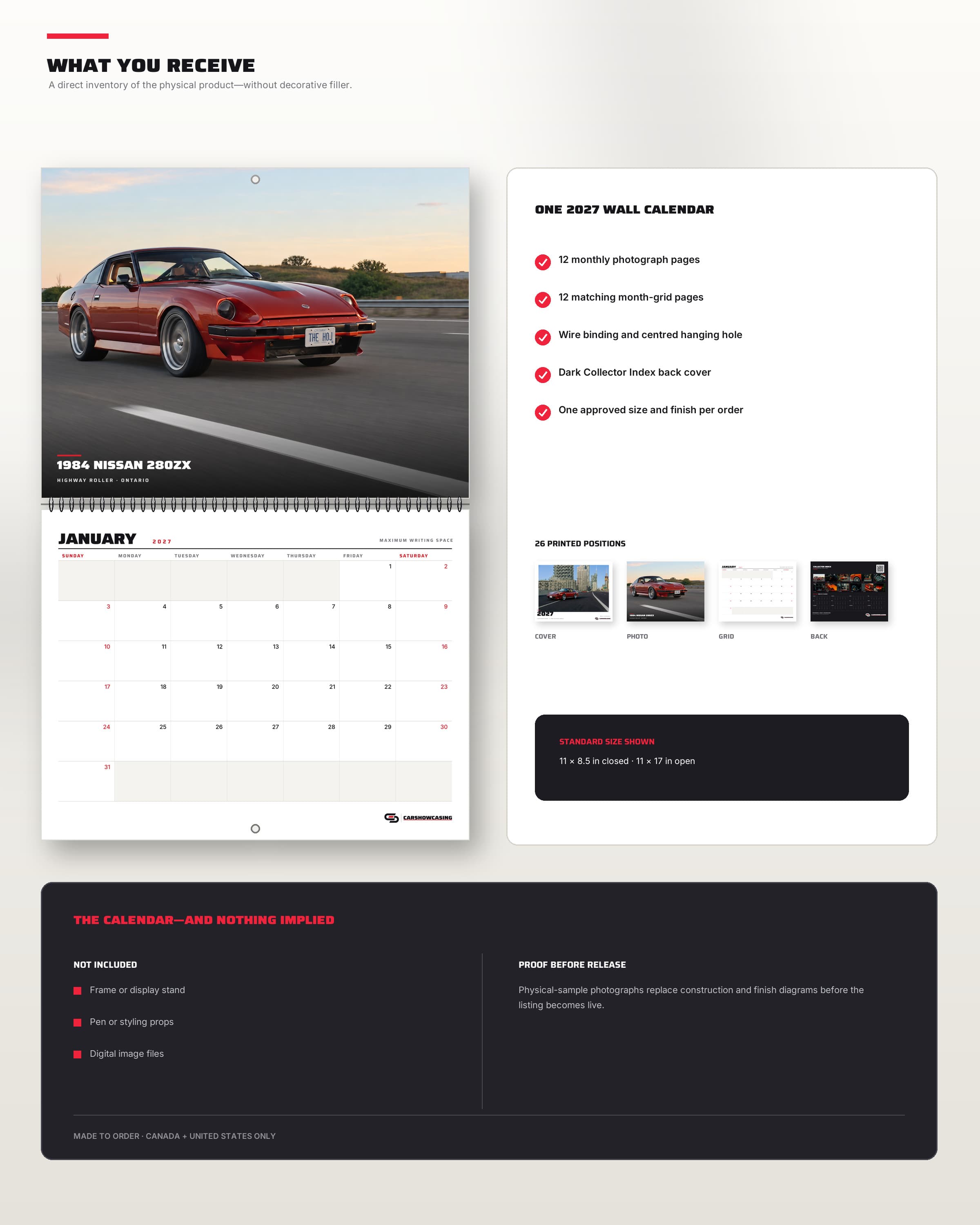 What is included with the physical 2027 280ZX wall calendar