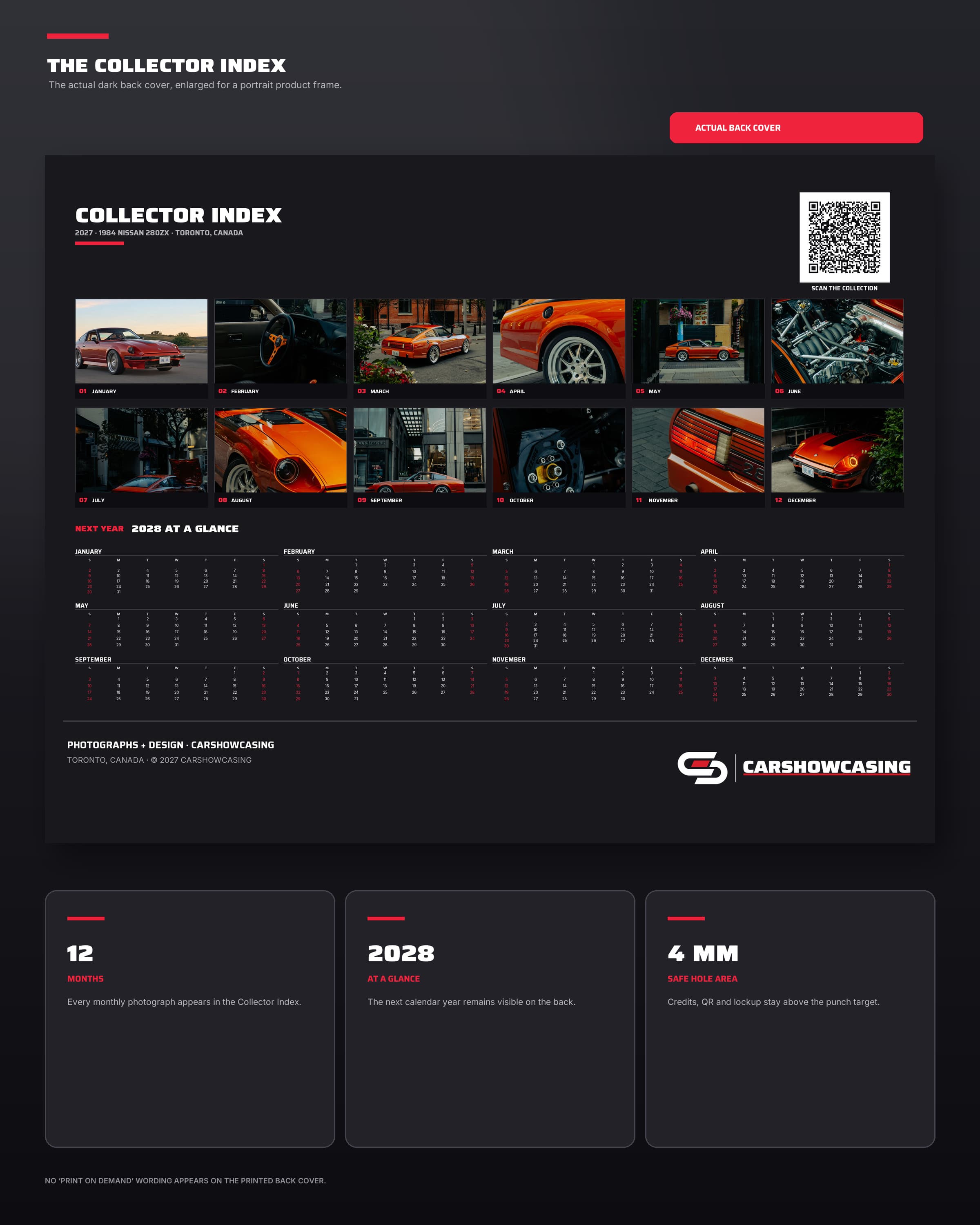 Dark Collector Index back cover with twelve month thumbnails and a 2028 year-at-a-glance
